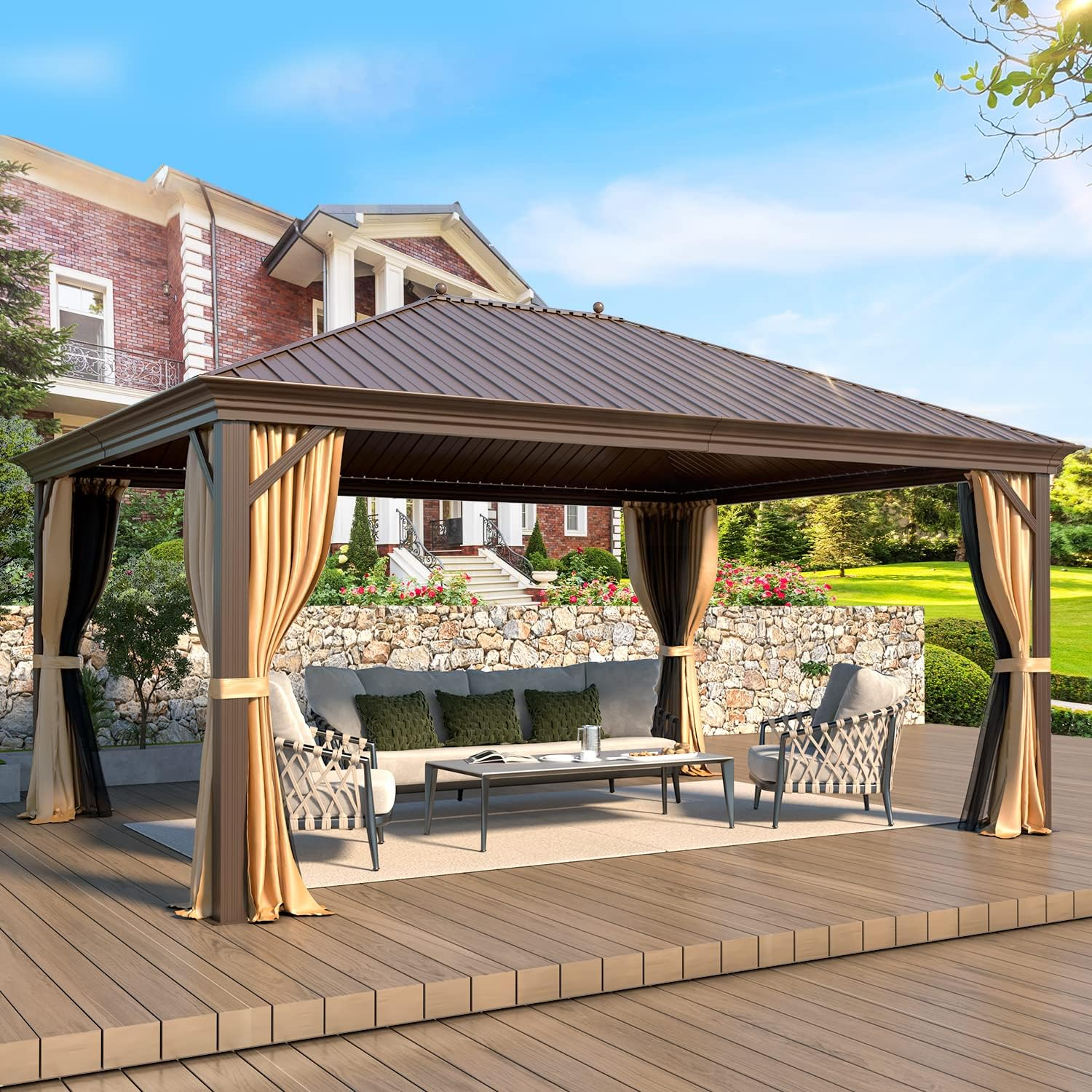 Homrest 12' x 16' Hardtop Gazebo, Galvanized Steel Metal Single Roof Aluminum Gazebo with Curtain and Netting, Brown Permanent Pavilion