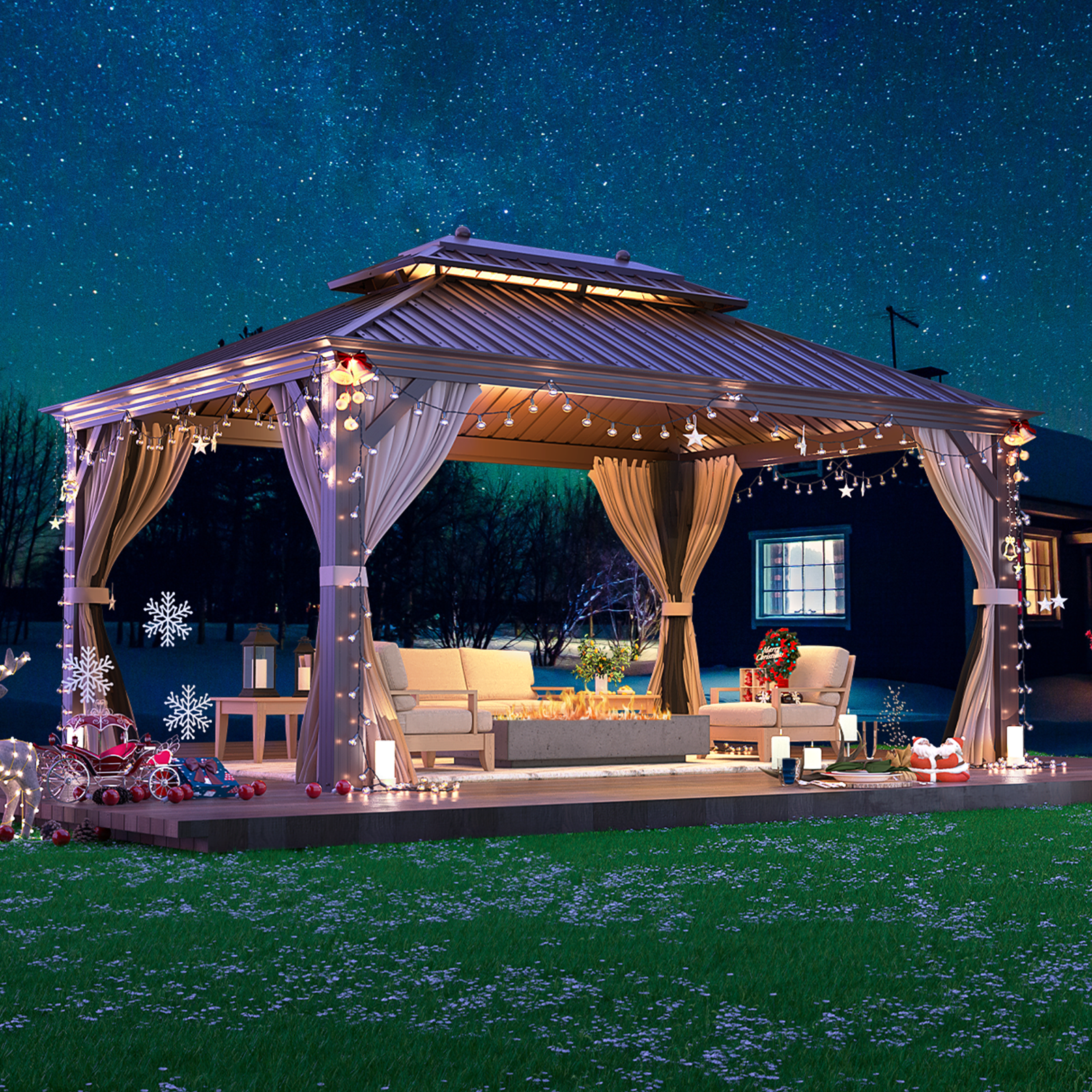 Homrest 12'x16' Hardtop Gazebo Galvanized Steel Double-Roof Pergola w/ Netting Curtain - Homrest