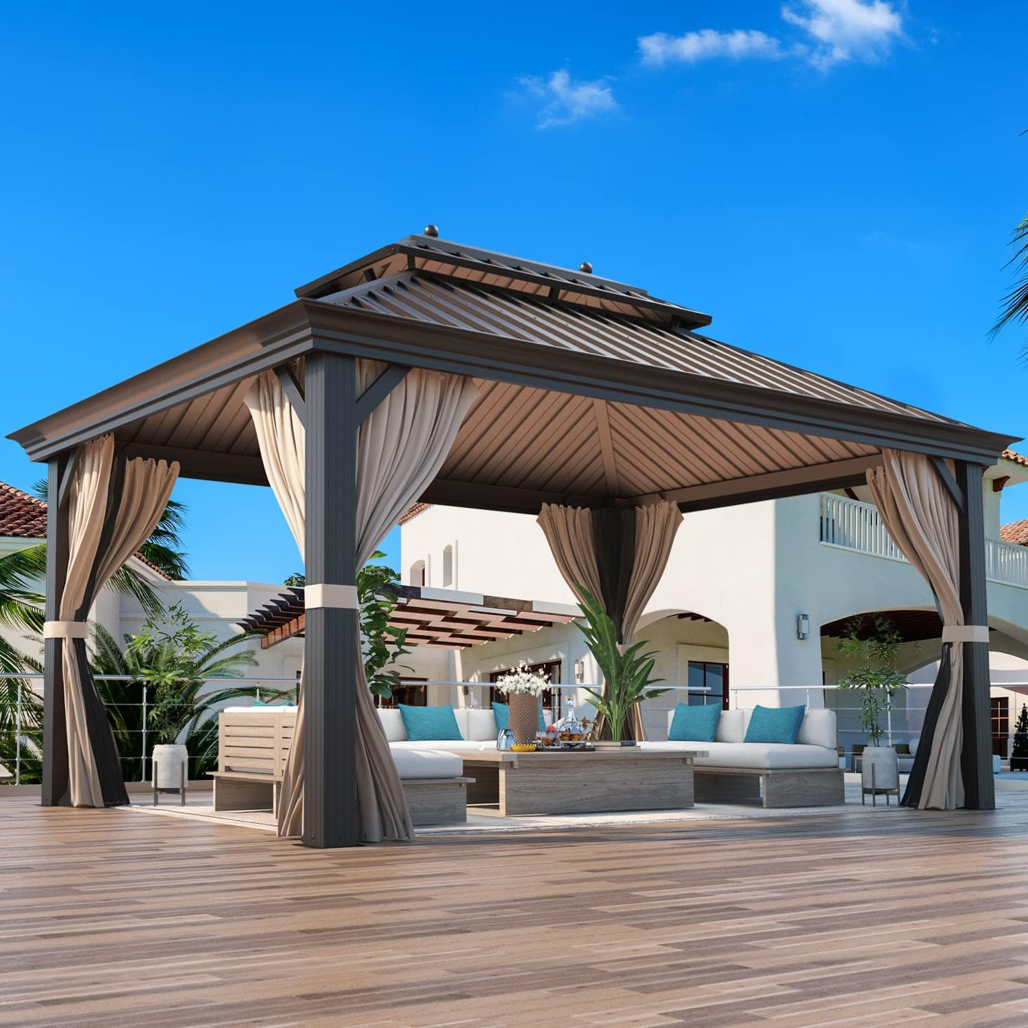 Homrest 12' x 16' Hardtop Gazebo Galvanized Steel Double-Roof Canopy Outdoor, Aluminum Frame Permanent Metal Pavilion, Netting & Curtains