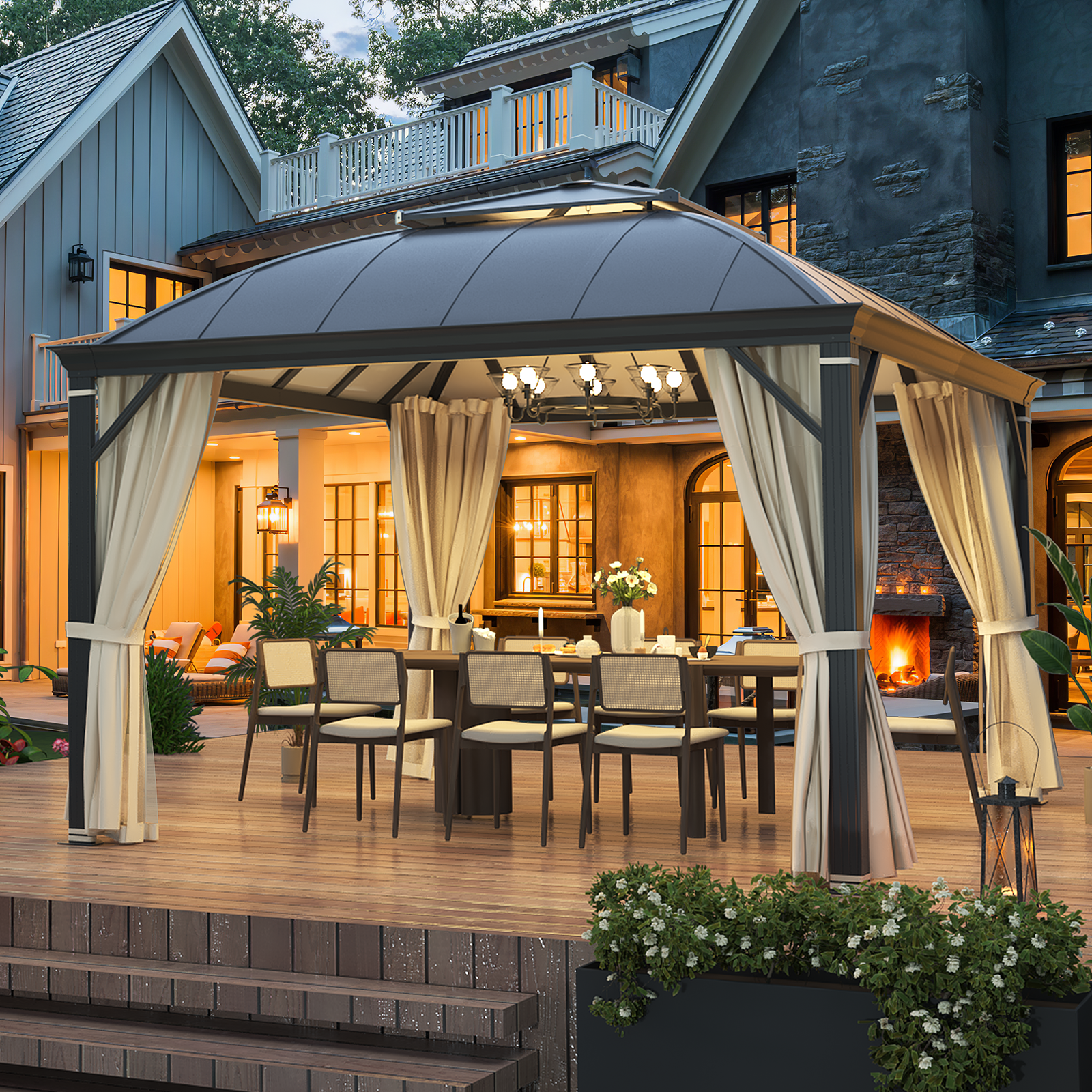 Homrest 12' x 12' Hardtop Gazebo, Permanent Outdoor Aluminum Patio Gazebo with Aluminum Composite Double Arc Roof, Curtains and Netting Included