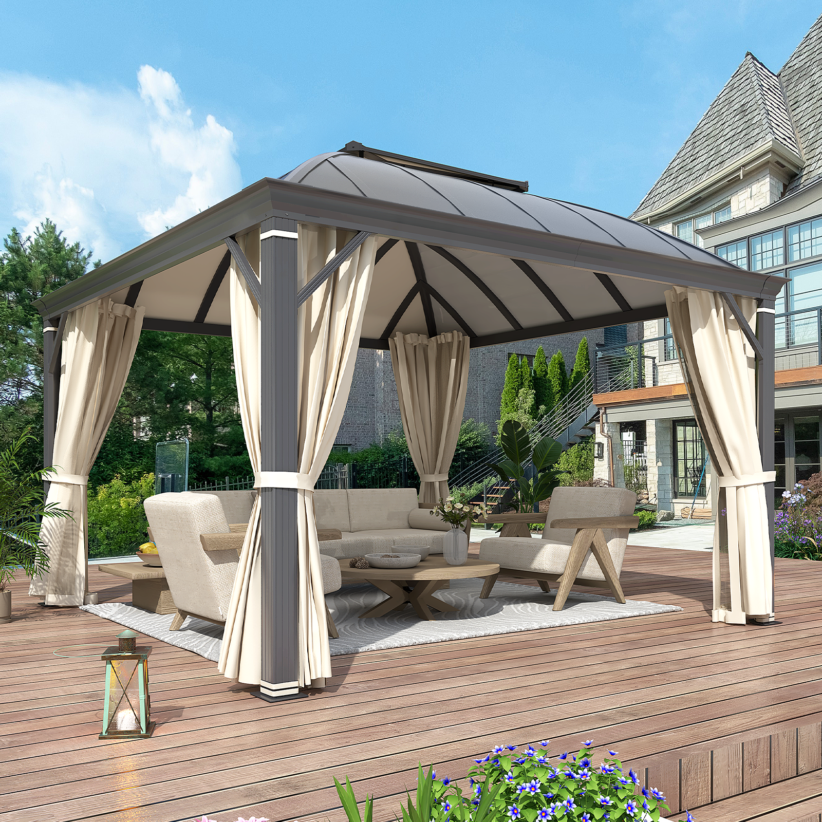 Homrest 12' x 12' Hardtop Gazebo, Permanent Outdoor Aluminum Patio Gazebo with Aluminum Composite Double Arc Roof, Curtains and Netting Included