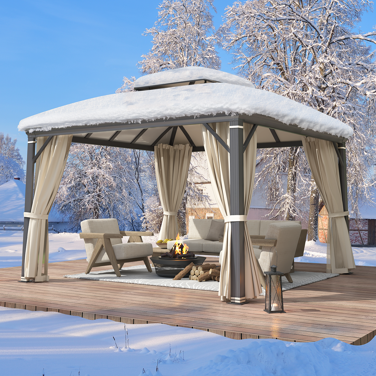 Homrest 12' x 12' Hardtop Gazebo, Permanent Outdoor Aluminum Patio Gazebo with Aluminum Composite Double Arc Roof, Curtains and Netting Included
