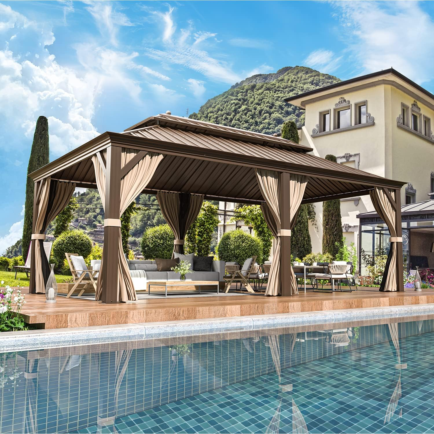 Homrest 12'x 20' Gazebo Galvanized Steel Outdoor Hardtop Canopy Double Vented Roof Pergolas Aluminum Frame with Netting and Curtains for Garden,Patio,Lawns,Parties