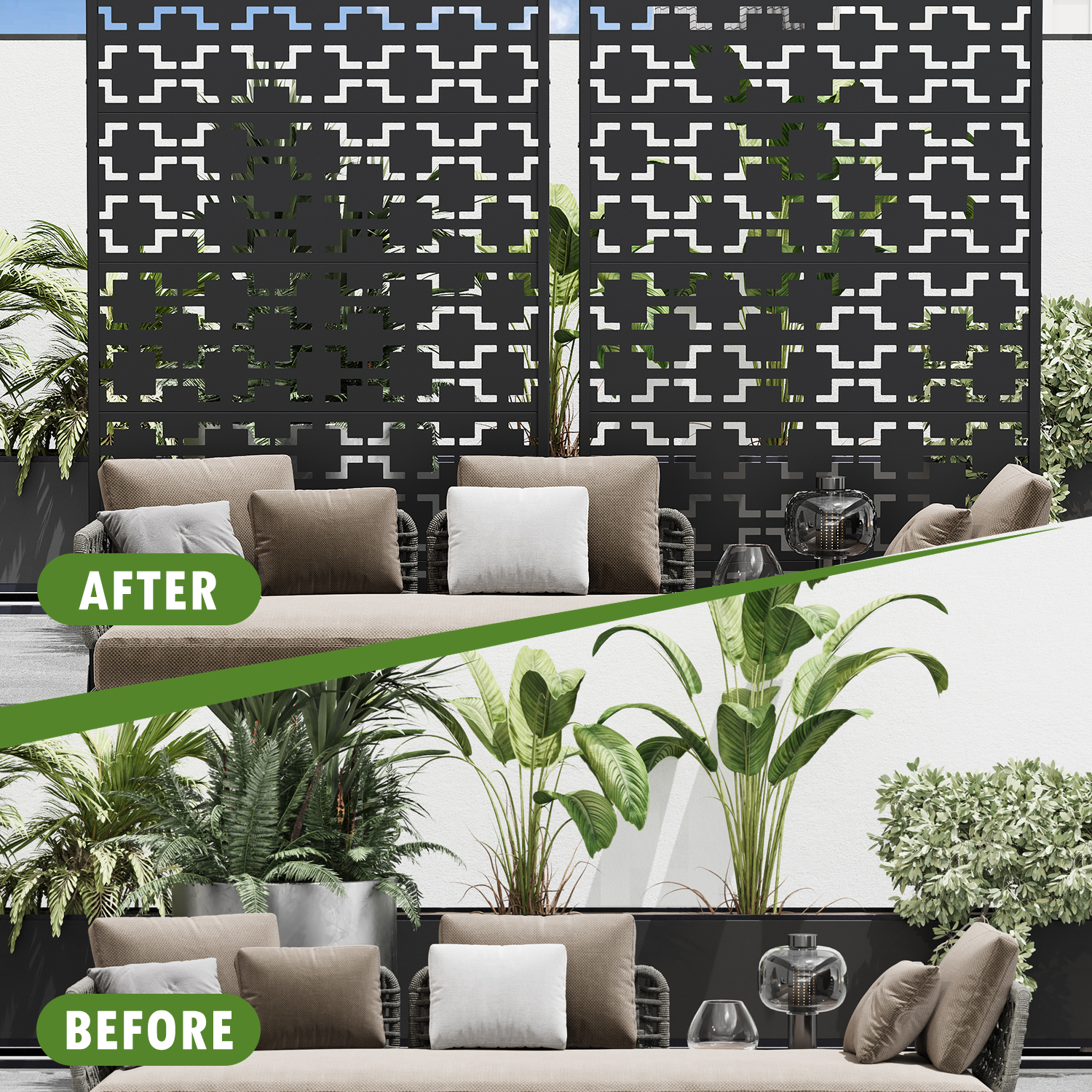 HOMREST 72" H Metal Privacy Screen, Free Standing Privacy Screen with Stable Heavy Base for Deck, Porch, Patio, Outdoor and Balcony, Black Square (Consist of 5 Panels)