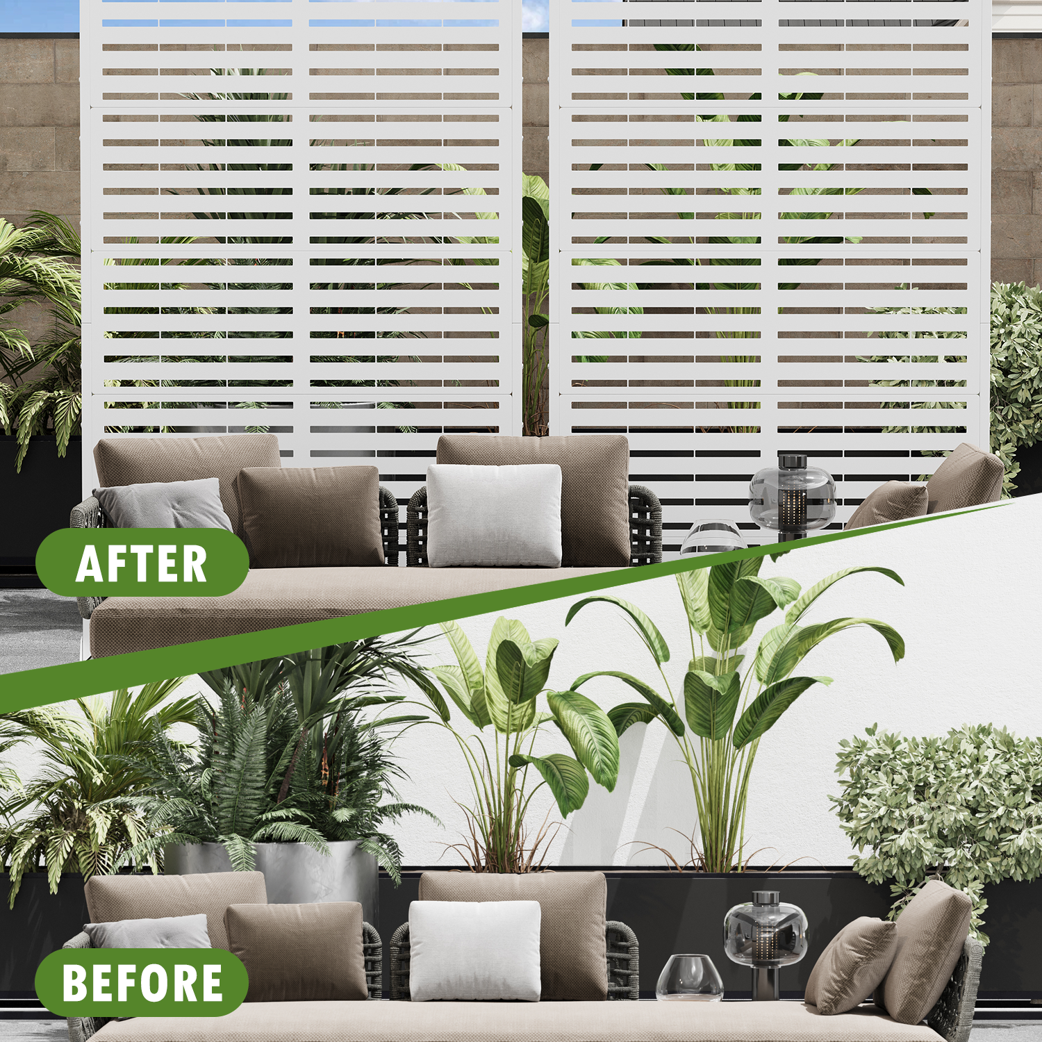 HOMREST 72''H×47'' Metal Privacy Screen, Freestanding Outdoor Privacy Screen with Upgraded Thickened Posts & Panels and Heavy Base, White Louvered(Consist of 5 Panels)