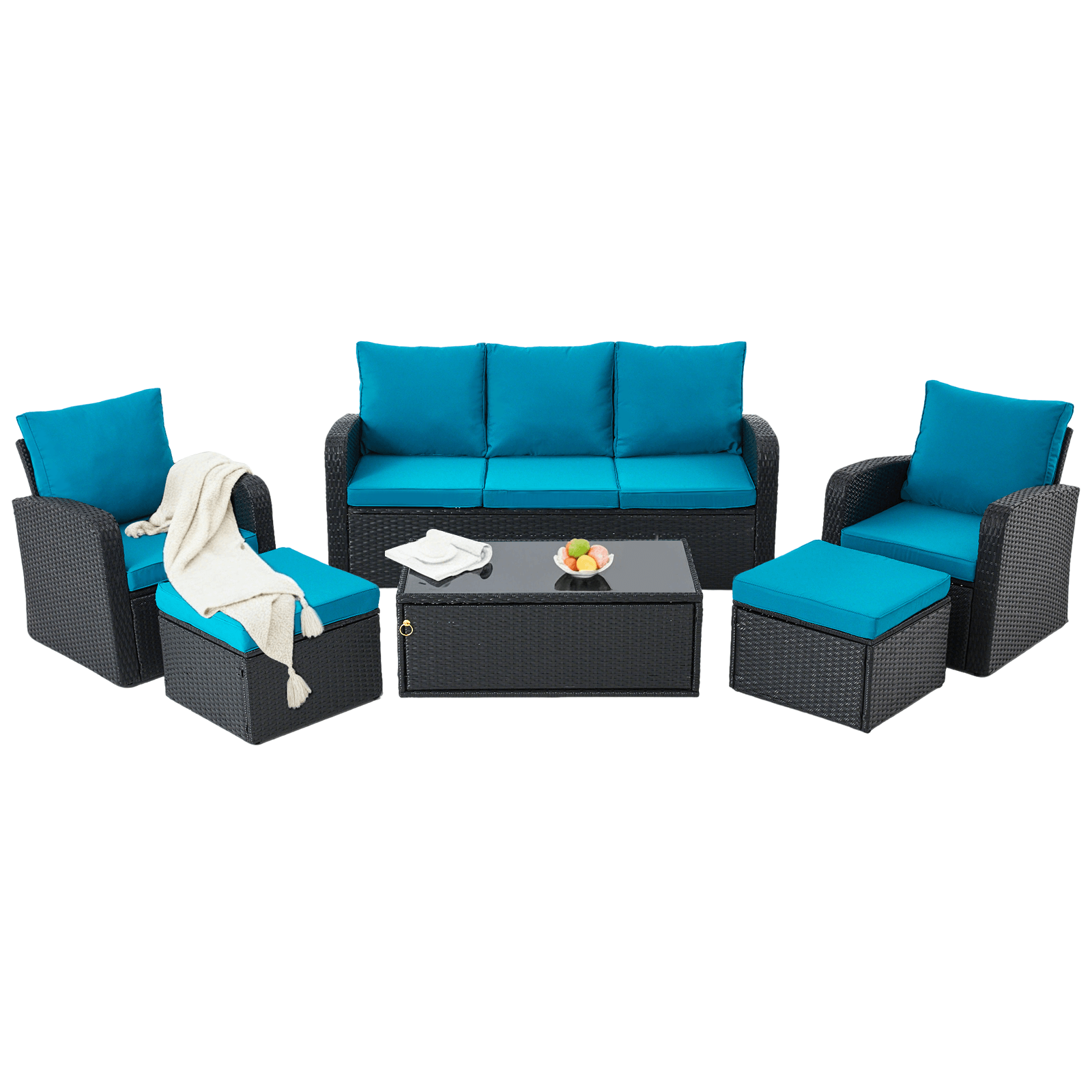 Homrest 6 Pcs Patio Furniture Sets with Coffee Table, Ottomans, Cushions & Pillows, Peacock Blue