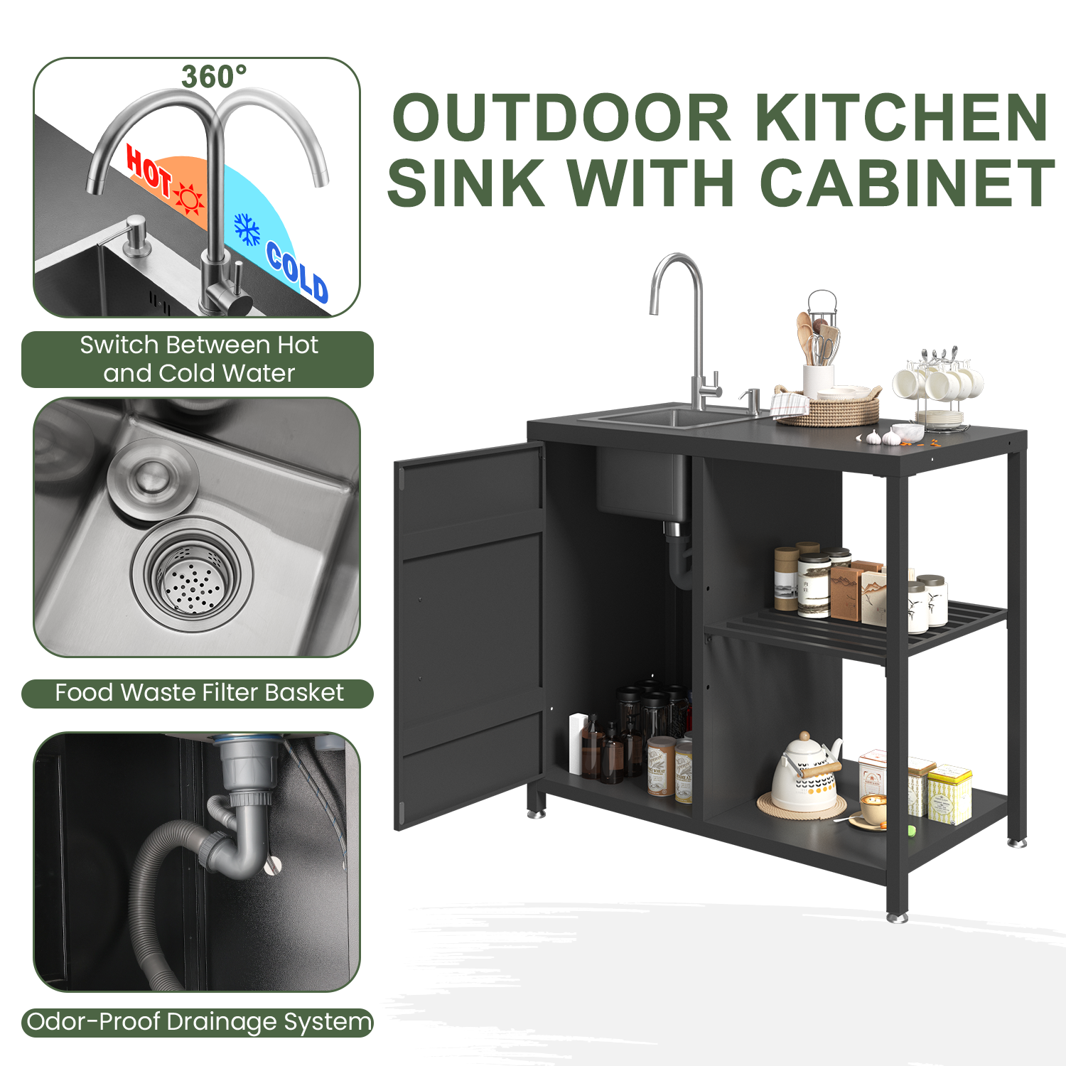 HOMREST 5-Piece Modular Outdoor Kitchen Island with Sink, Large Storage Cabinet & Shelf, Pull-Out Trash Drawer and Grill Stand, Outdoor Storage Kitchen Set for BBQ, Deck, Backyard, Black
