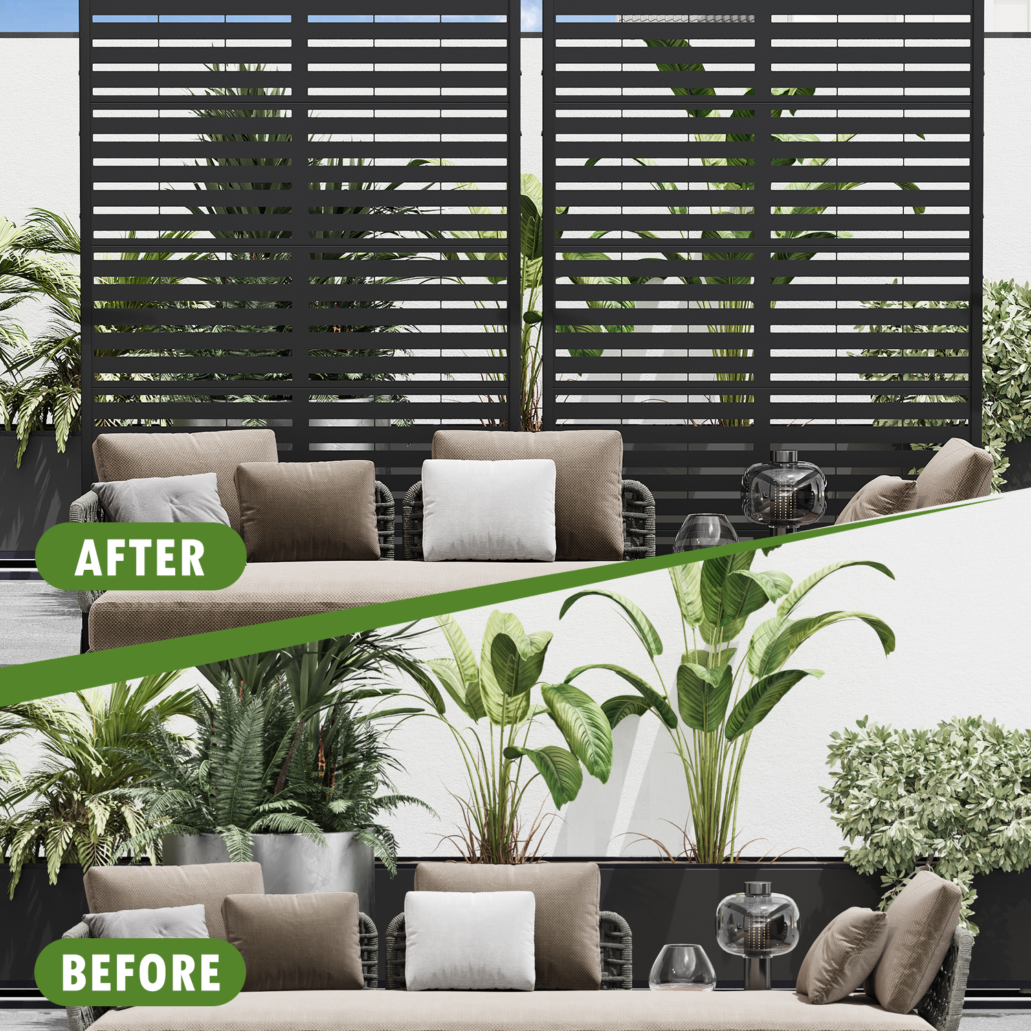 HOMREST 72" H×44" W Metal Privacy Screen, Free Standing Privacy Screen with Stable Heavy Base for Deck, Porch, Patio, Outdoor and Balcony, Black Louvered (Consist of 5 Panels)