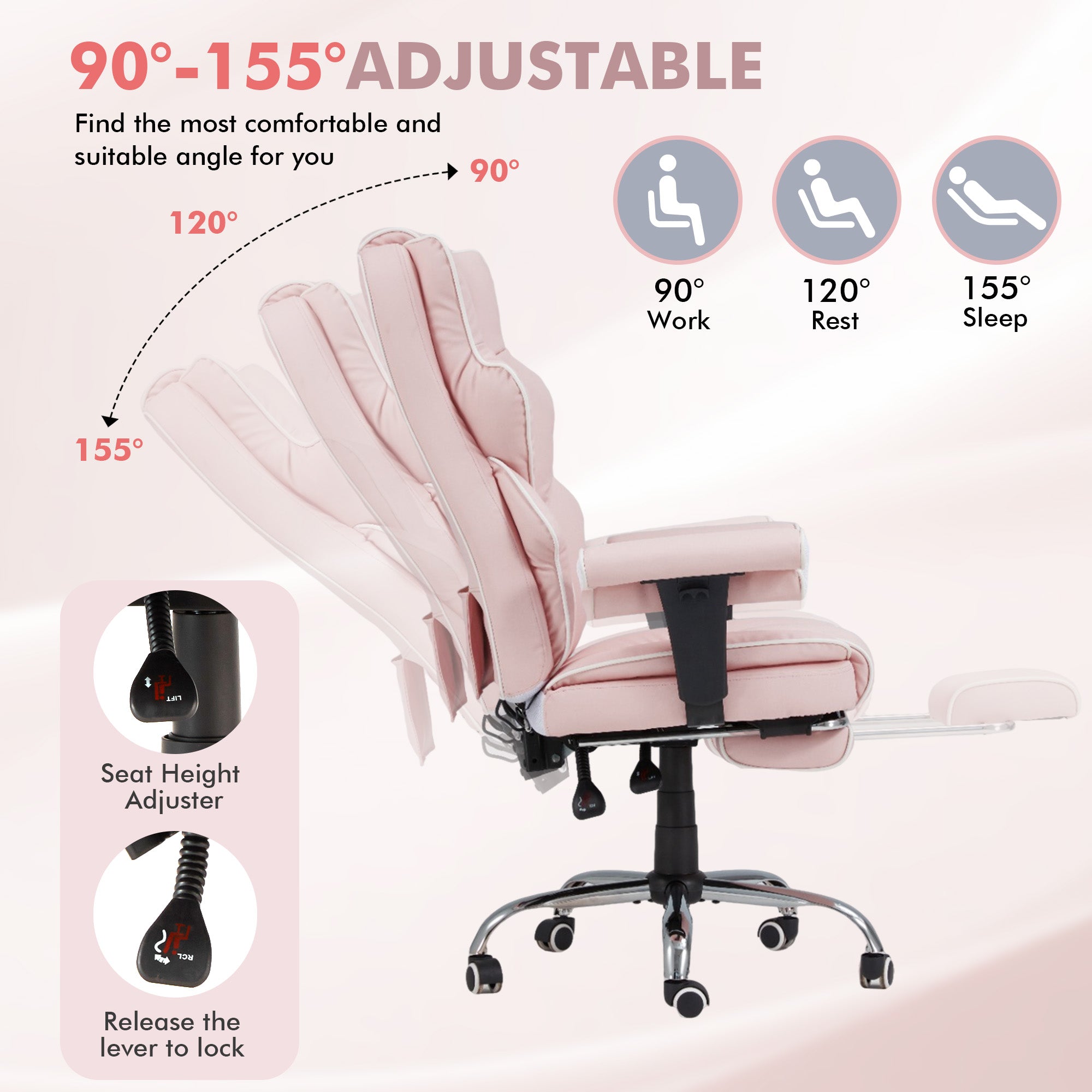 HOMREST Ergonomic Massage Office Chair with Heat & Footrest – Pink