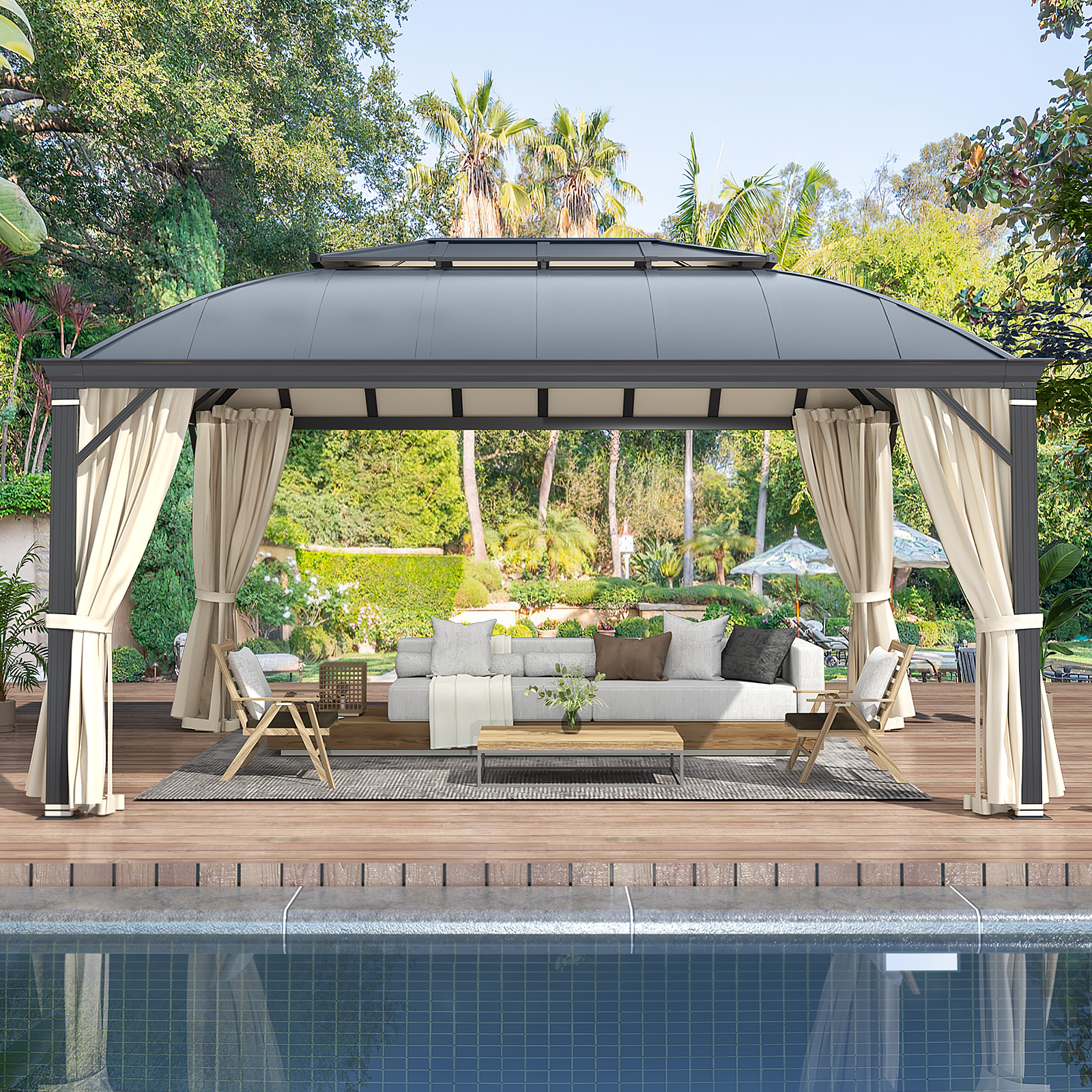 Homrest 12' x 16' Hardtop Permanent Outdoor Aluminum Patio Gazebo, Double Roof for Patio Lawn and Garden, Curtains and Netting Included