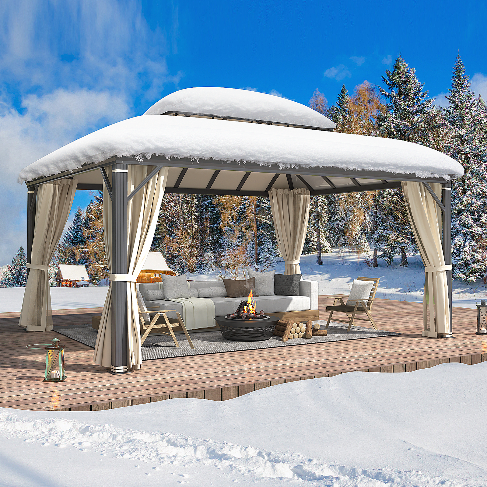 Homrest 12' x 16' Hardtop Permanent Outdoor Aluminum Patio Gazebo, Double Roof for Patio Lawn and Garden, Curtains and Netting Included