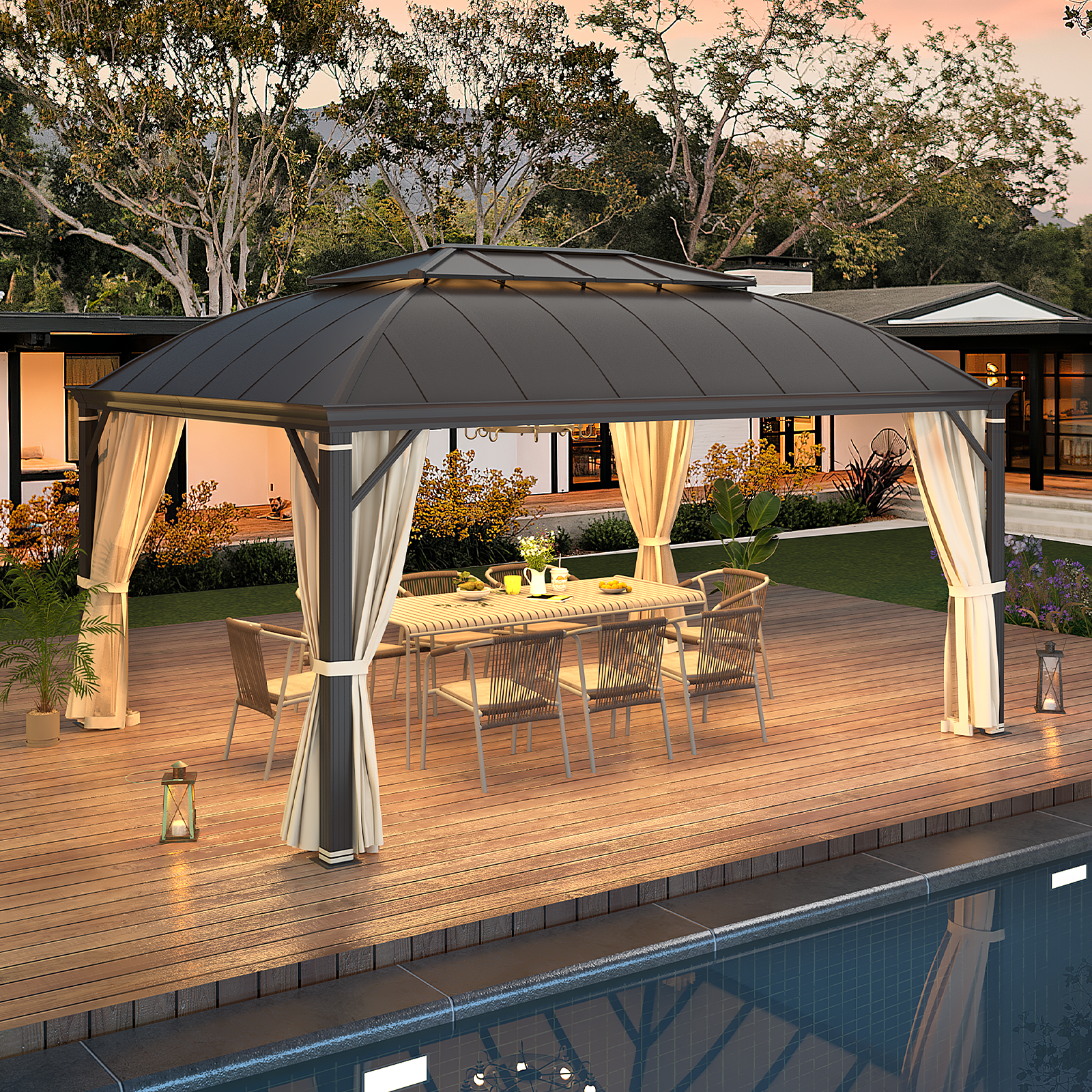 Homrest 12' x 16' Hardtop Permanent Outdoor Aluminum Patio Gazebo, Double Roof for Patio Lawn and Garden, Curtains and Netting Included