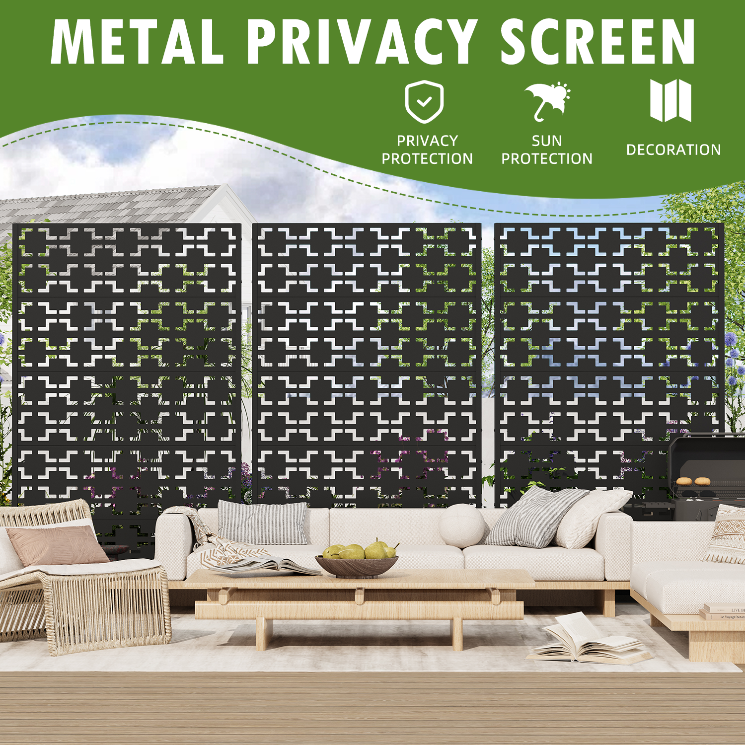 HOMREST 72" H Metal Privacy Screen, Free Standing Privacy Screen with Stable Heavy Base for Deck, Porch, Patio, Outdoor and Balcony, Black Square (Consist of 5 Panels)