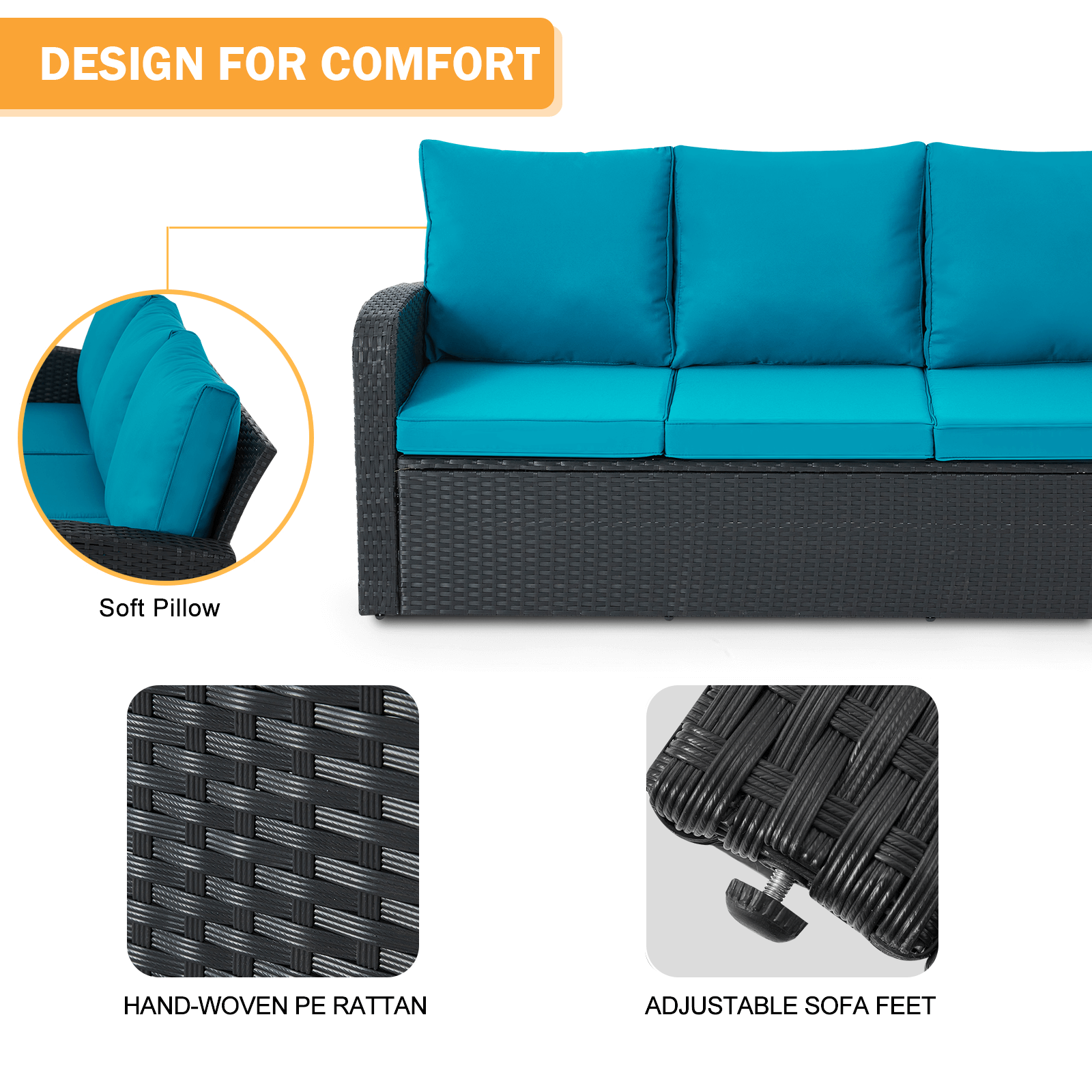 Homrest 6 Pcs Patio Furniture Sets with Coffee Table, Ottomans, Cushions & Pillows, Peacock Blue