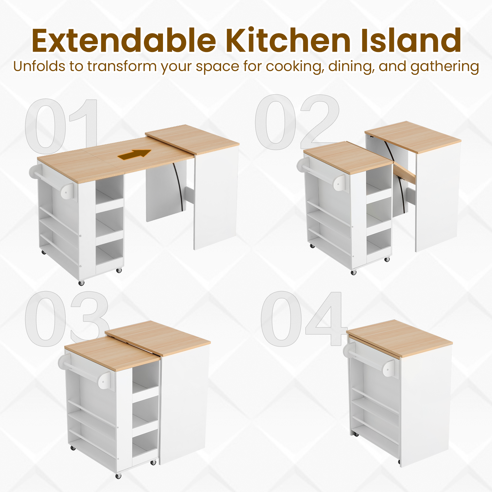 HOMREST 52" Extendable Kitchen Island with Faux Marble Top, Rolling Kitchen Cart with Pull-Out Dining Table, Spice Rack, Towel Bar, Mobile Breakfast Bar Station with Storage for Small Space, White