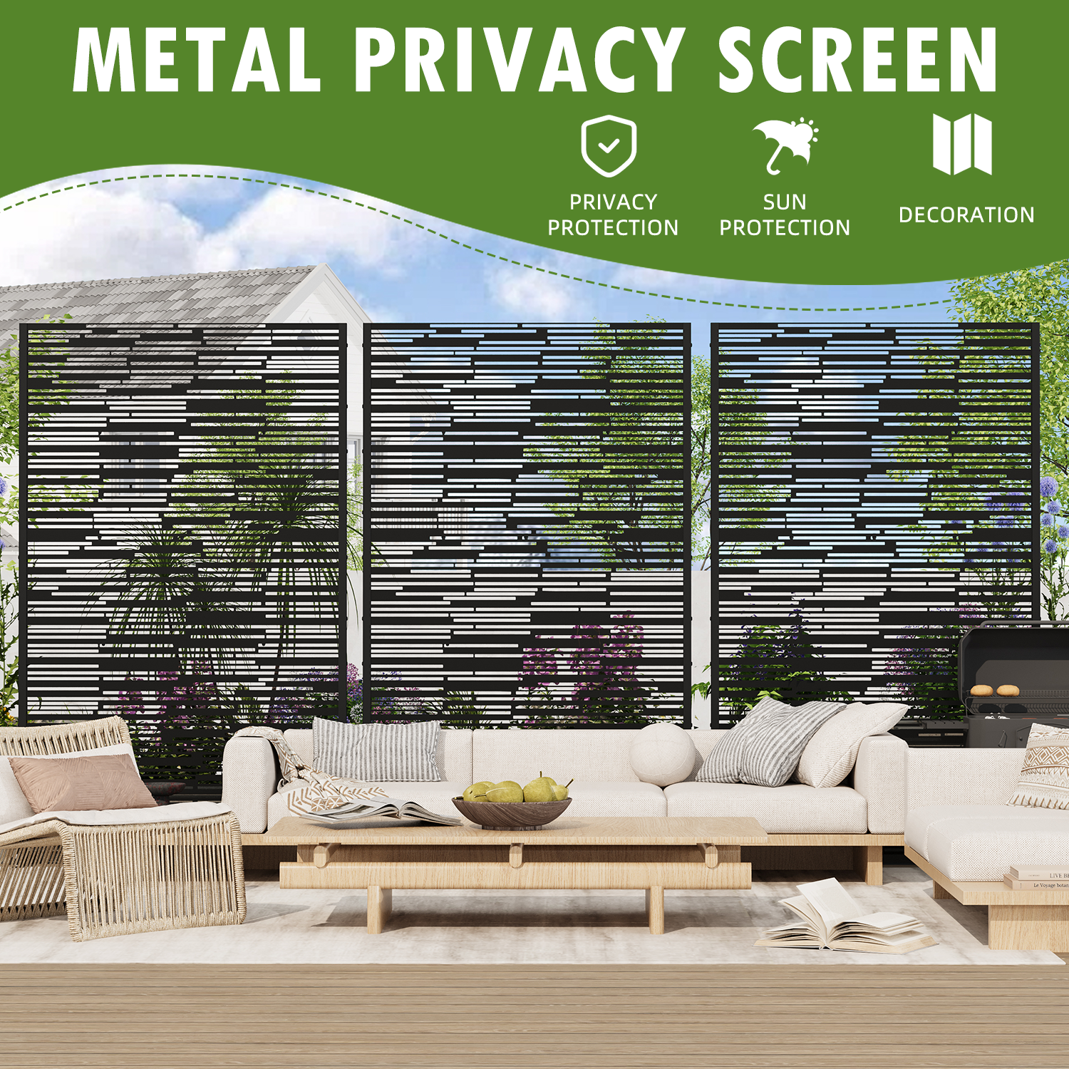 HOMREST 72" H Metal Privacy Screen, Freestanding Outdoor Privacy Screen with Upgraded Thickened Posts & Panels and Heavy Base, Black Linear(Consist of 5 Panels)