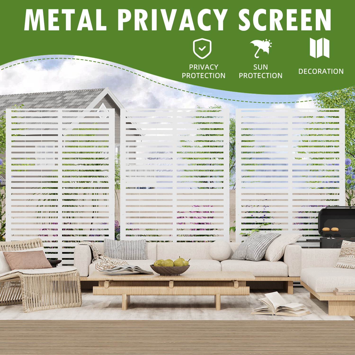 HOMREST 72''H×47'' Metal Privacy Screen, Freestanding Outdoor Privacy Screen with Upgraded Thickened Posts & Panels and Heavy Base, White Louvered(Consist of 5 Panels)