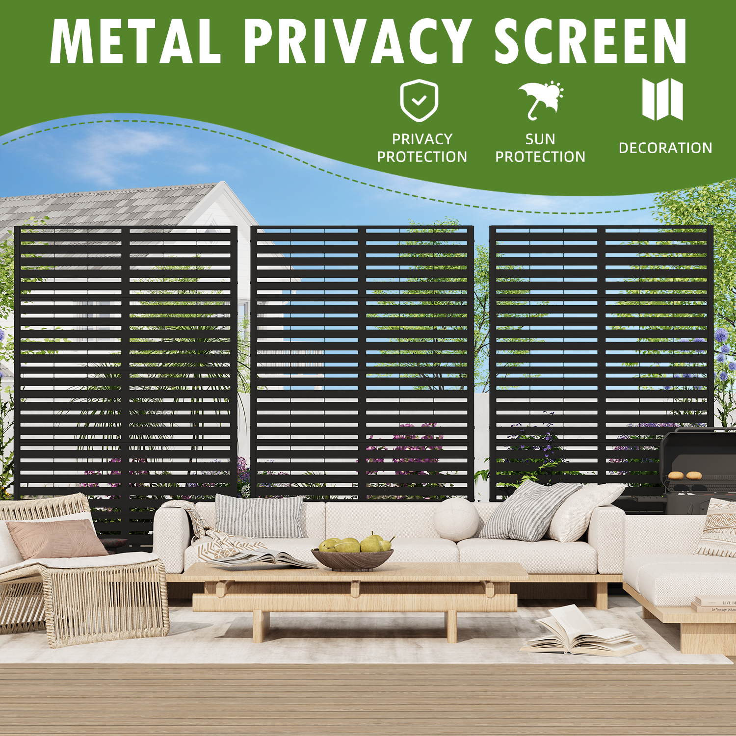 HOMREST 72" H×44" W Metal Privacy Screen, Free Standing Privacy Screen with Stable Heavy Base for Deck, Porch, Patio, Outdoor and Balcony, Black Louvered (Consist of 5 Panels)
