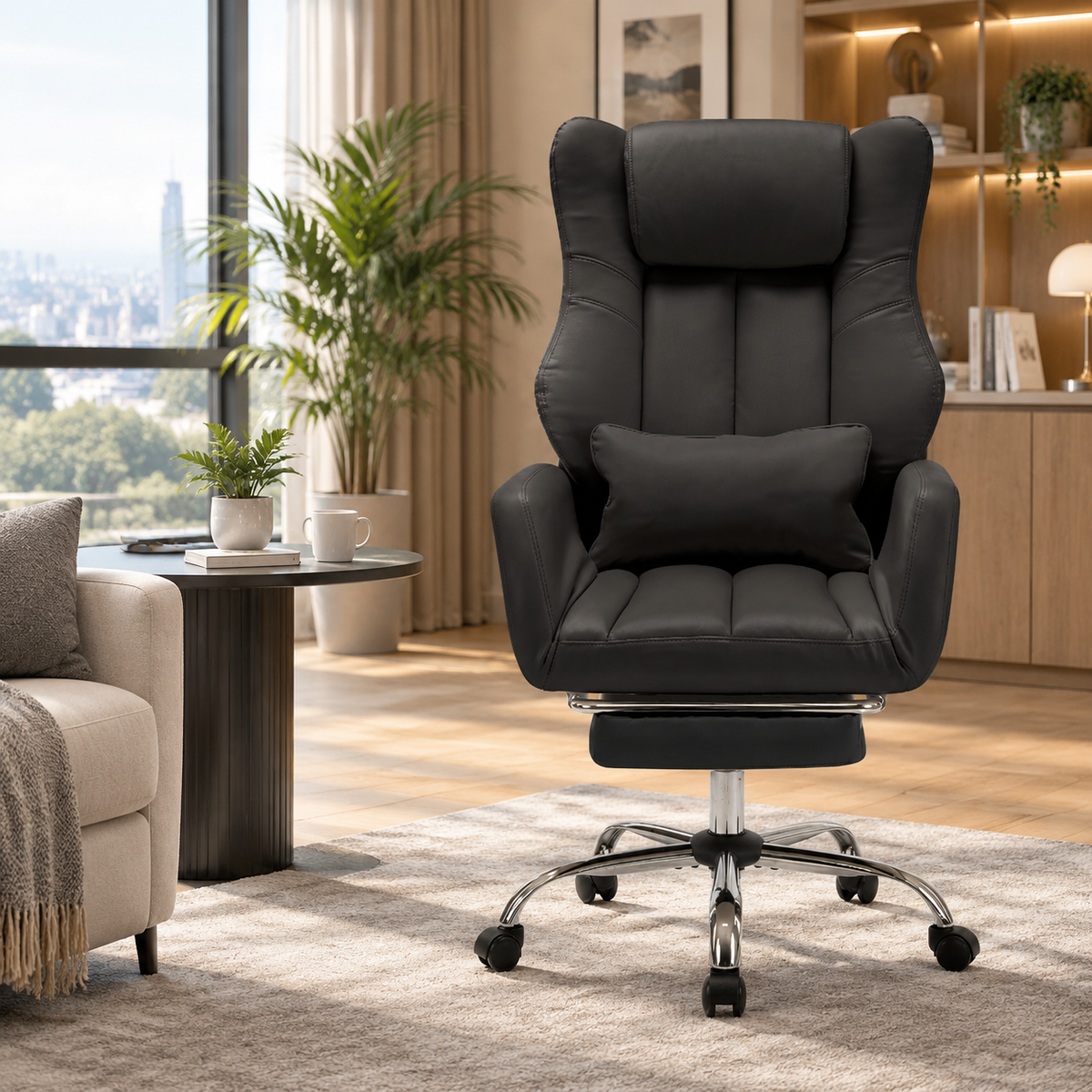 HOMREST Cross Legged Office Chair with Footrest,Flip Armrest,Black