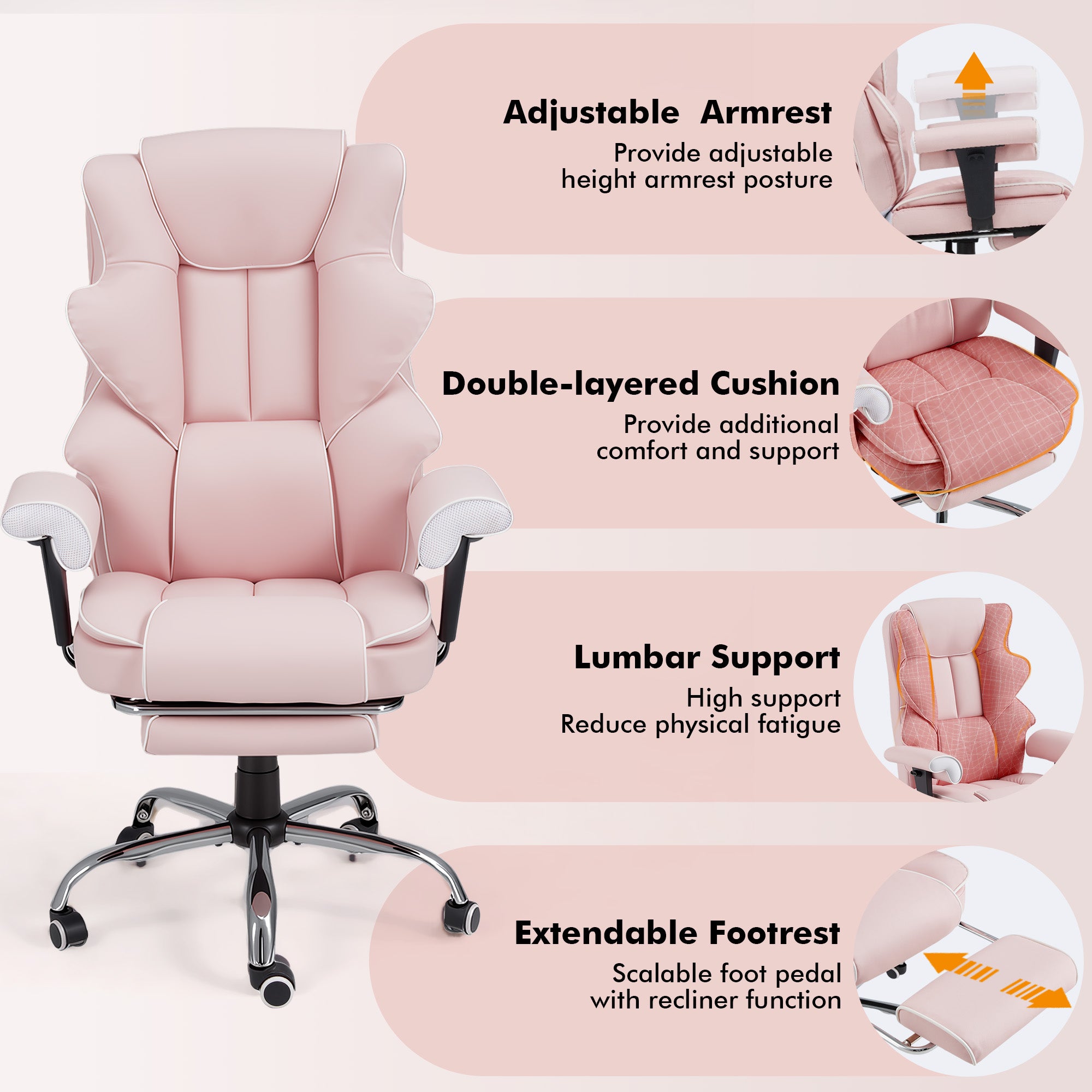 HOMREST Ergonomic Massage Office Chair with Heat & Footrest – Pink