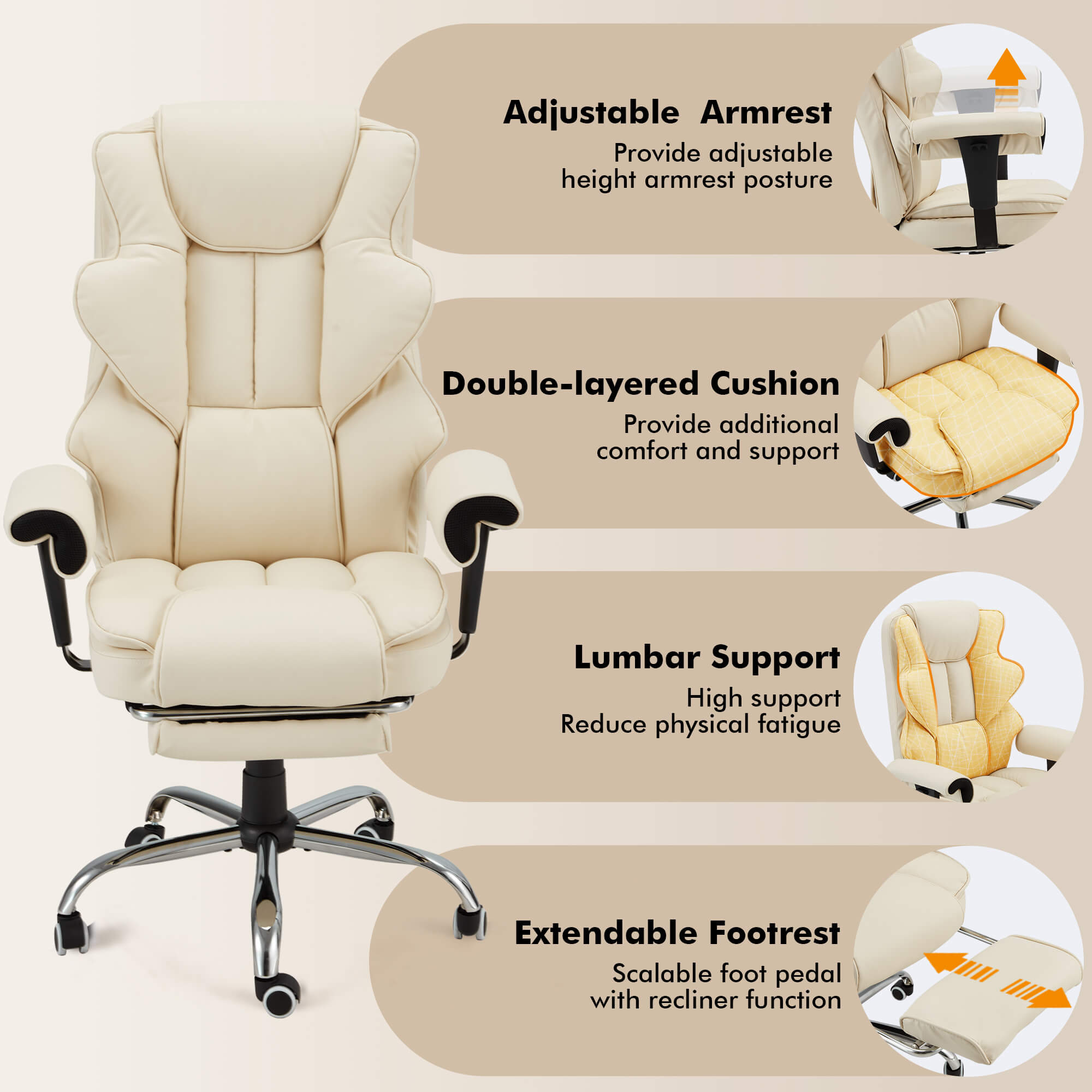 Homrest 6-Point Massage Heat Ergonomic Reclining Office Chair with Footrest Beige