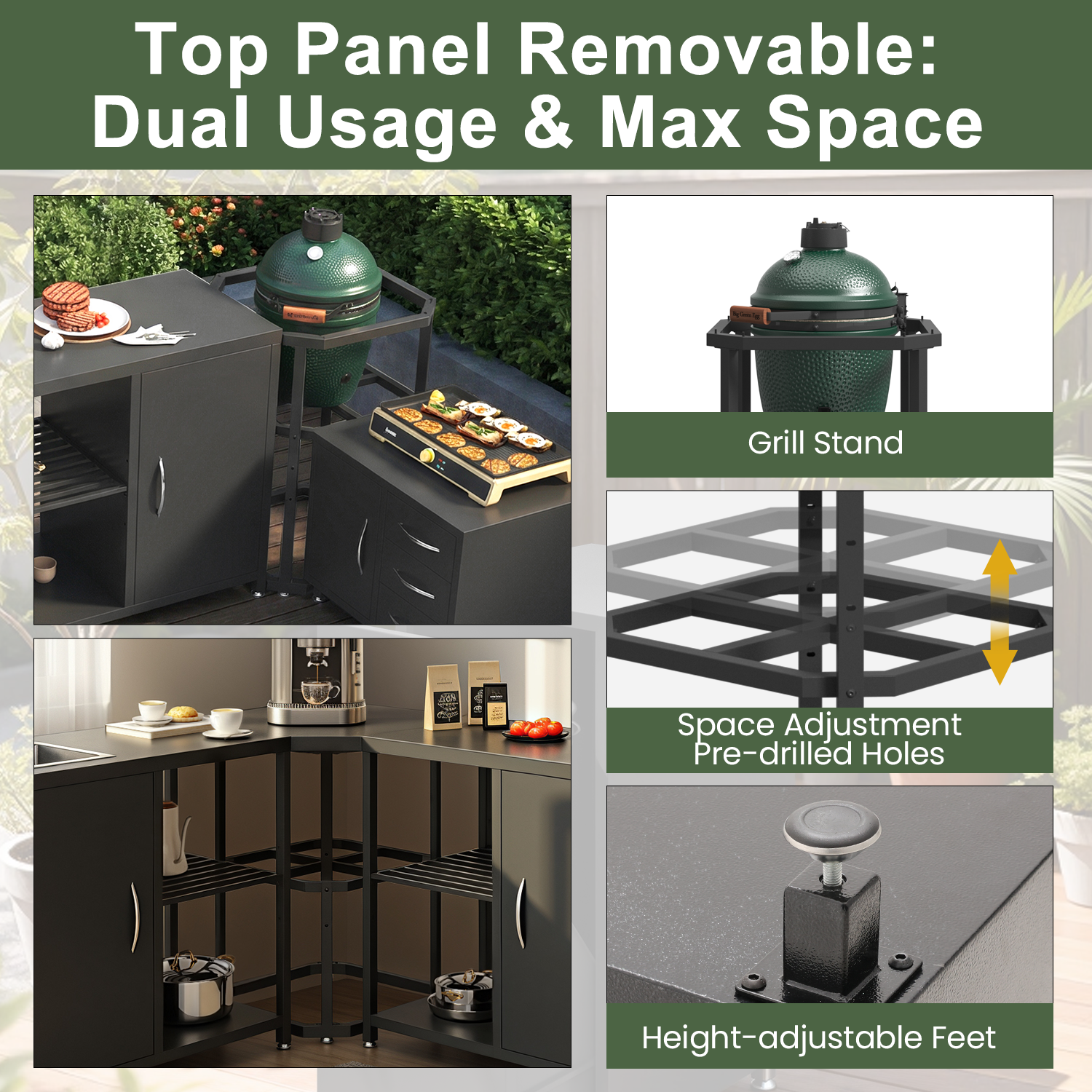 HOMREST 5-Piece Modular Outdoor Kitchen Island with Sink, Large Storage Cabinet & Shelf, Pull-Out Trash Drawer and Grill Stand, Outdoor Storage Kitchen Set for BBQ, Deck, Backyard, Black