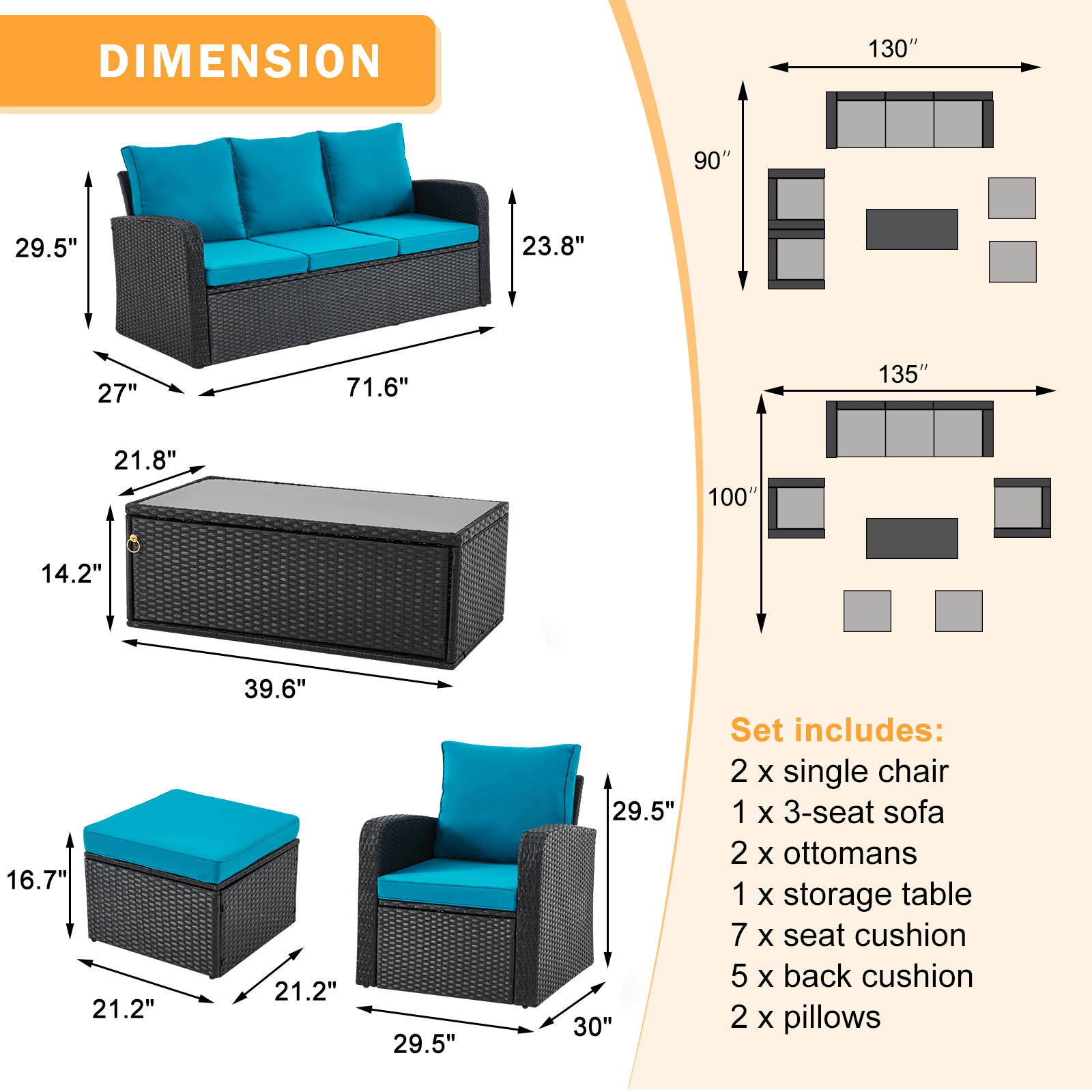 Homrest 6 Pcs Patio Furniture Sets with Coffee Table, Ottomans, Cushions & Pillows, Peacock Blue