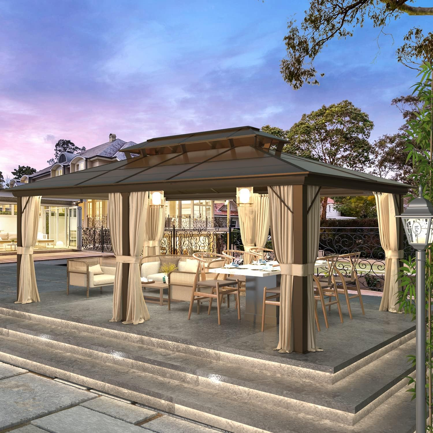 Homrest 12'x20' Hardtop Gazebo, Outdoor Polycarbonate Double Roof Canopy, Aluminum Frame Permanent Pavilion
