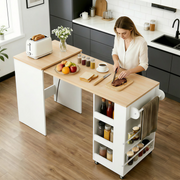 HOMREST 52" Extendable Kitchen Island with Faux Marble Top, Rolling Kitchen Cart with Pull-Out Dining Table, Spice Rack, Towel Bar, White