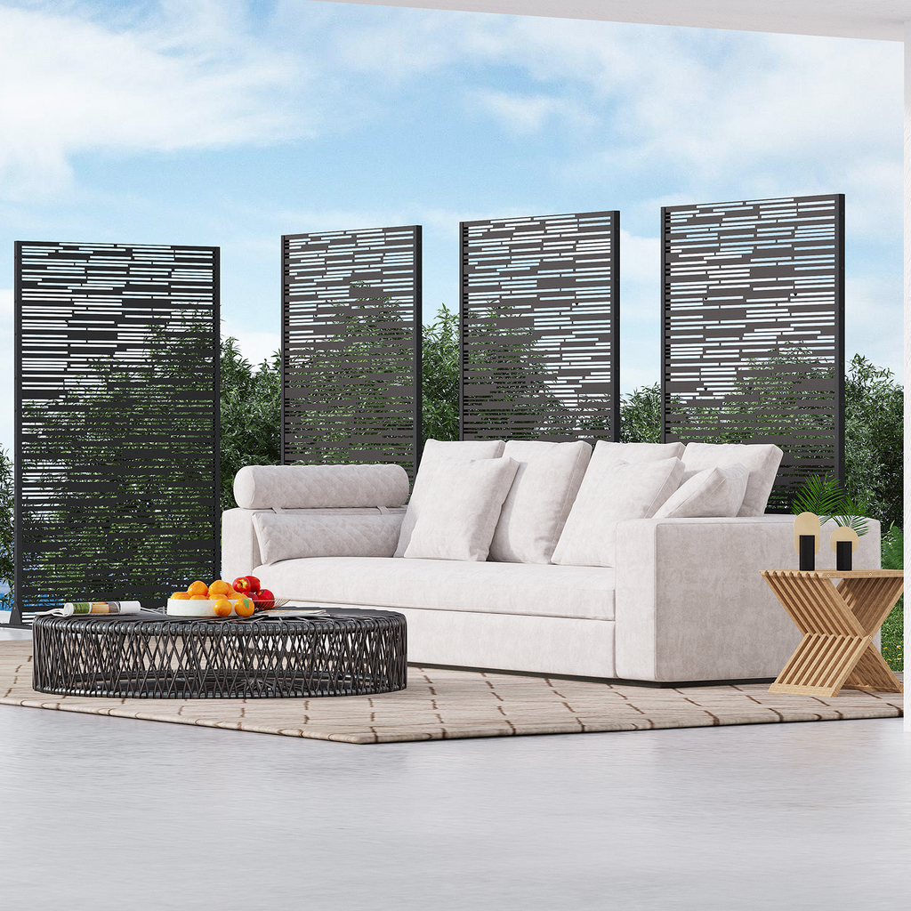 HOMREST 72" H Metal Privacy Screen, Freestanding Outdoor Privacy Screen with Upgraded Thickened Posts & Panels and Heavy Base, Black Linear(Consist of 5 Panels)