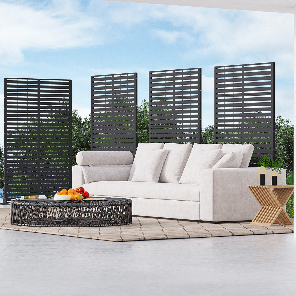 HOMREST 72" H×44" W Metal Privacy Screen, Free Standing Privacy Screen with Stable Heavy Base for Deck, Porch, Patio, Outdoor and Balcony, Black Louvered (Consist of 5 Panels)