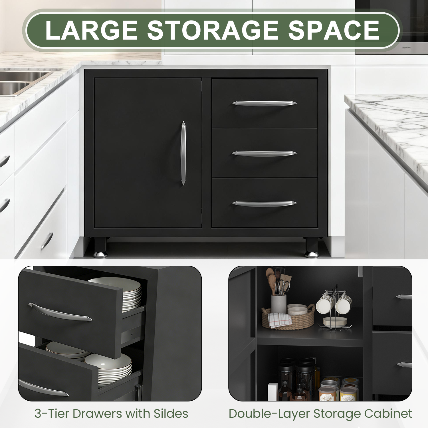 HOMREST 5-Piece Modular Outdoor Kitchen Island with Sink, Large Storage Cabinet & Shelf, Pull-Out Trash Drawer and Grill Stand, Outdoor Storage Kitchen Set for BBQ, Deck, Backyard, Black