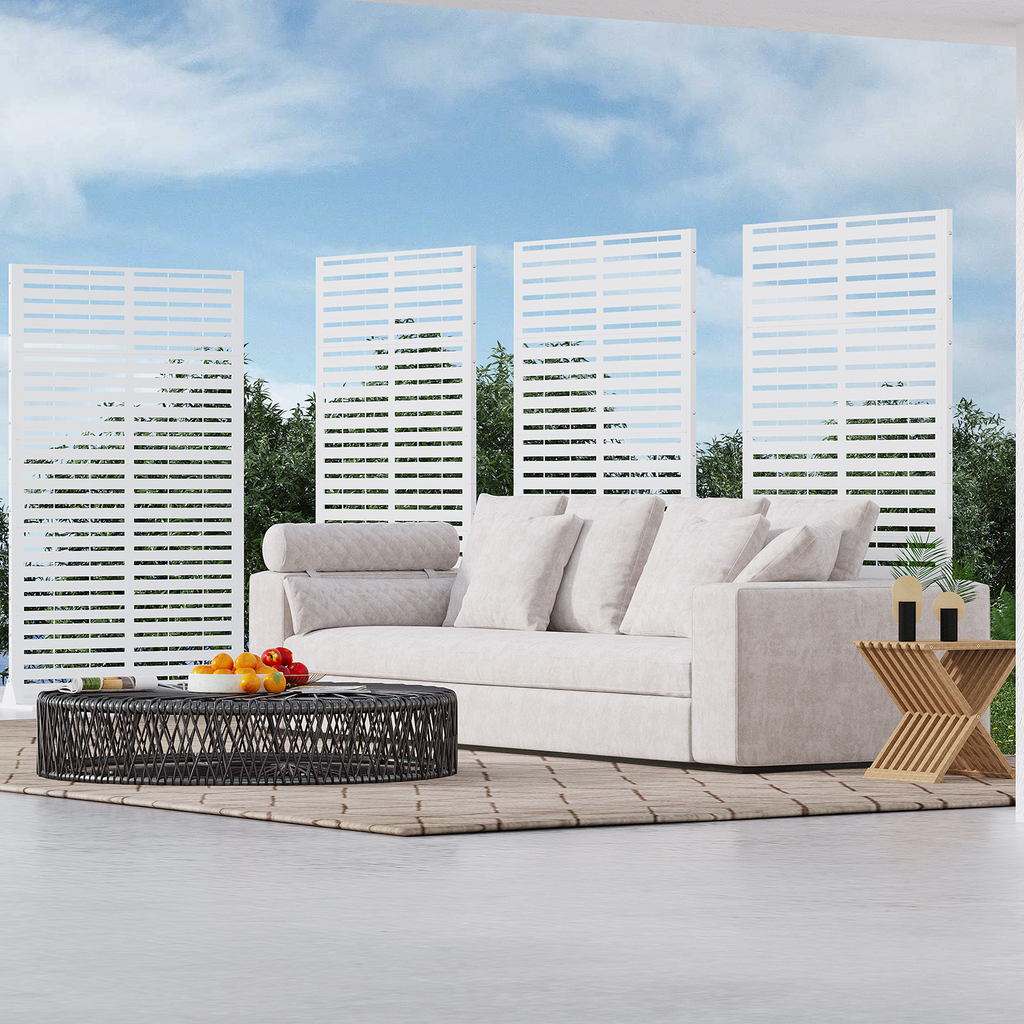HOMREST 72''H×47'' Metal Privacy Screen, Freestanding Outdoor Privacy Screen with Upgraded Thickened Posts & Panels and Heavy Base, White Louvered(Consist of 5 Panels)