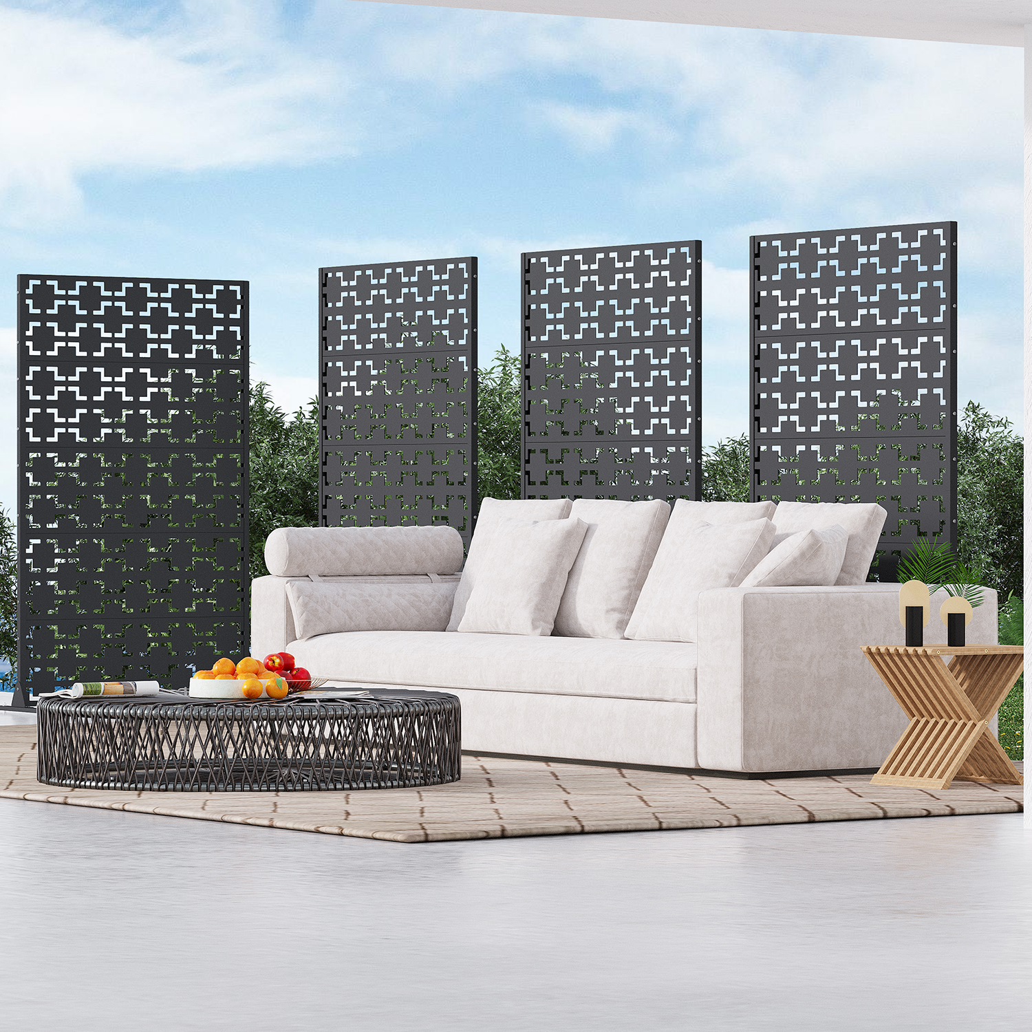 HOMREST 72" H Metal Privacy Screen, Free Standing Privacy Screen with Stable Heavy Base for Deck, Porch, Patio, Outdoor and Balcony, Black Square (Consist of 5 Panels)