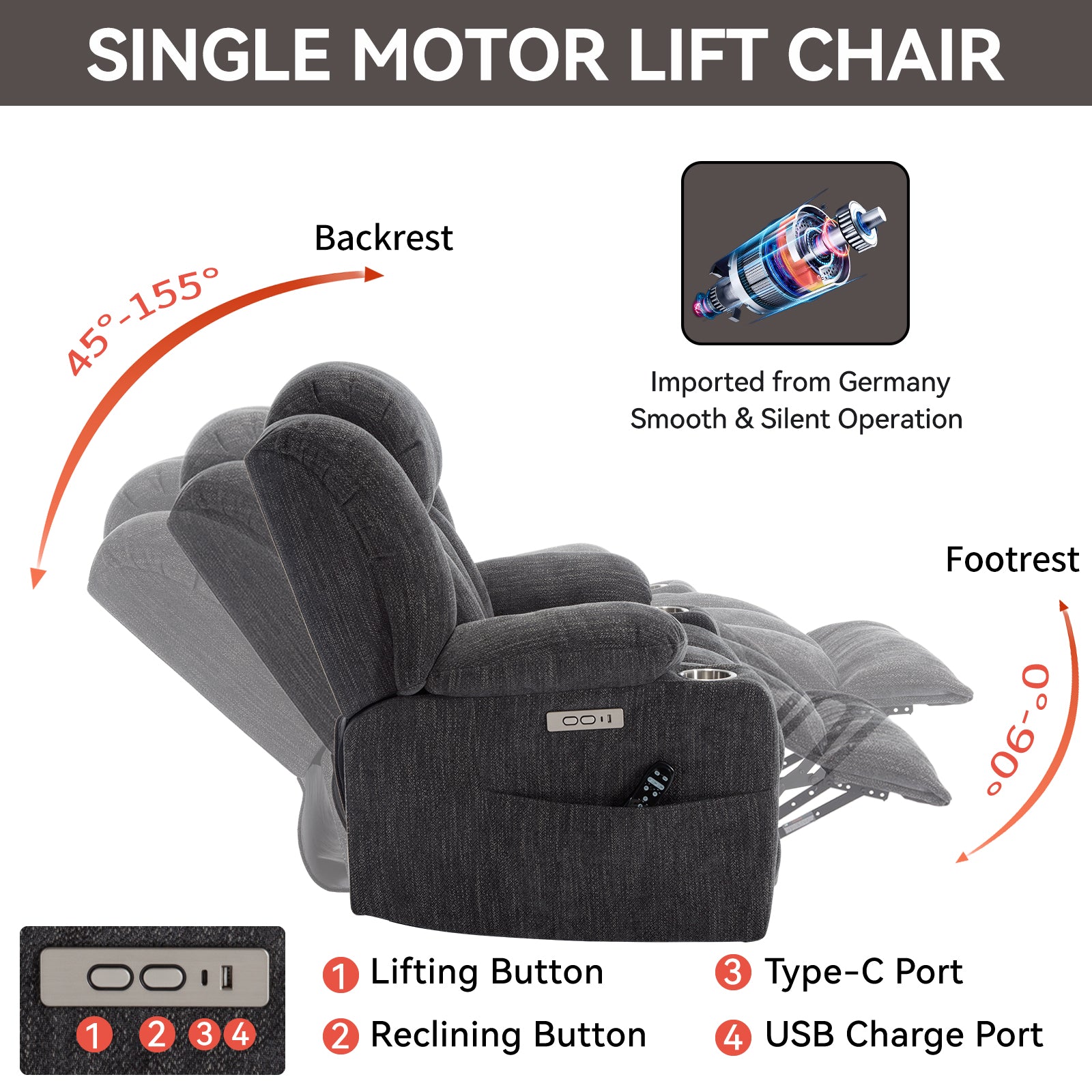 Homrest Premium Electric Recliner Chair with 8-Point Massage & Heating, Plush Chenille Fabric, Dark Gray