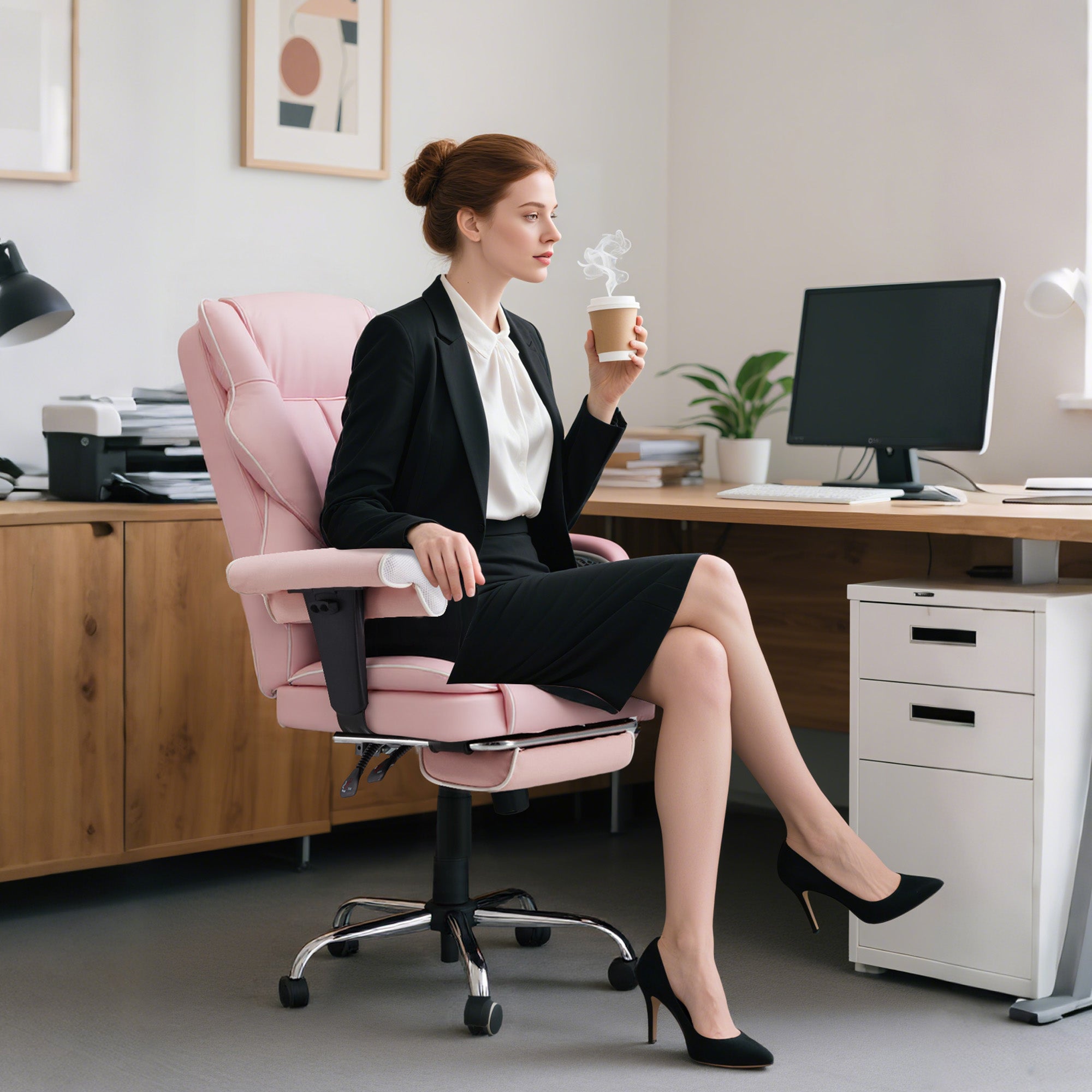 HOMREST Ergonomic Massage Office Chair with Heat & Footrest – Pink