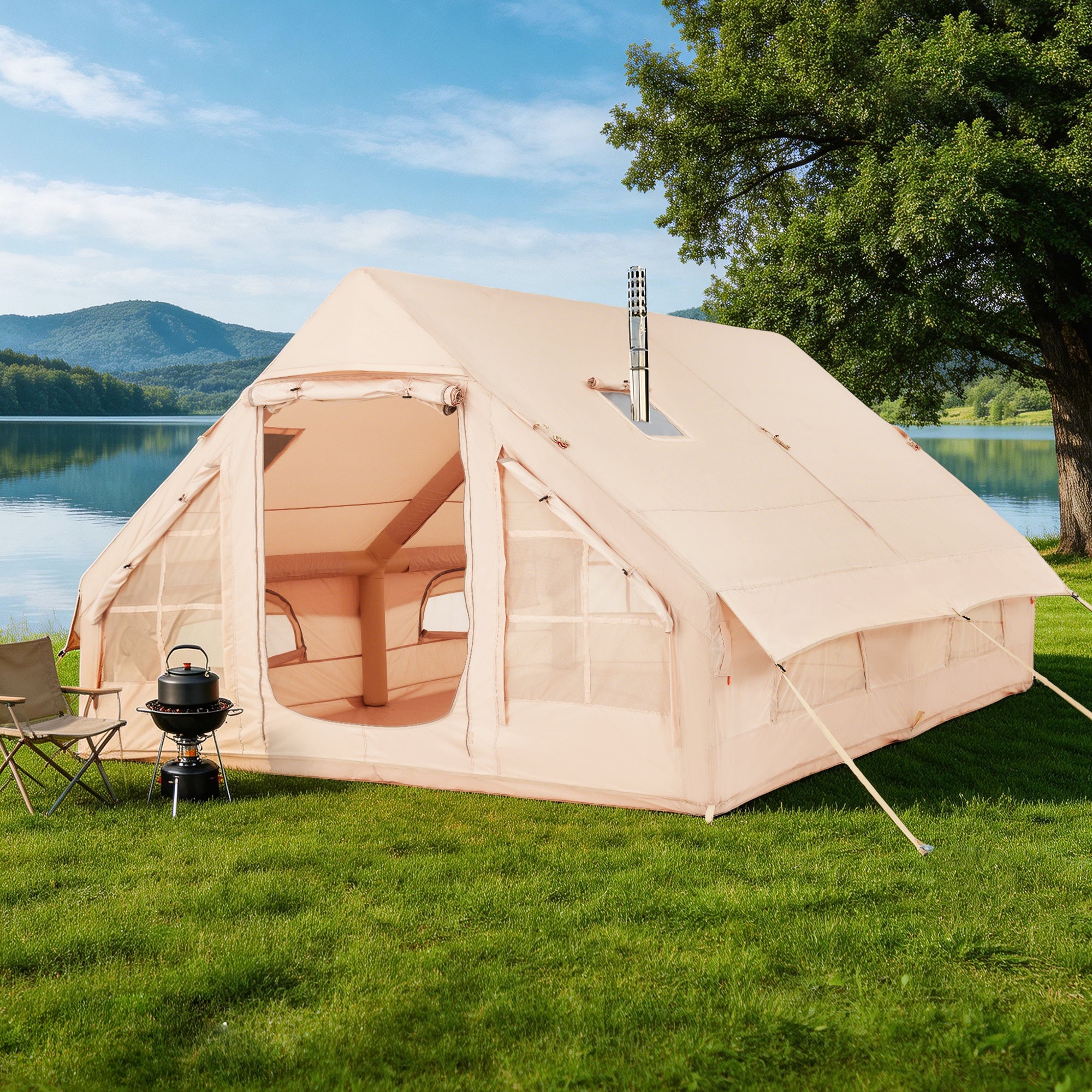 HOMREST Large Inflatable Tent for 8-10 Person, Waterproof Blow Up Camping Tent, Easy Setup 130 Square Glamping Cabin with Mesh Windows, A/C Port & Stove Jack