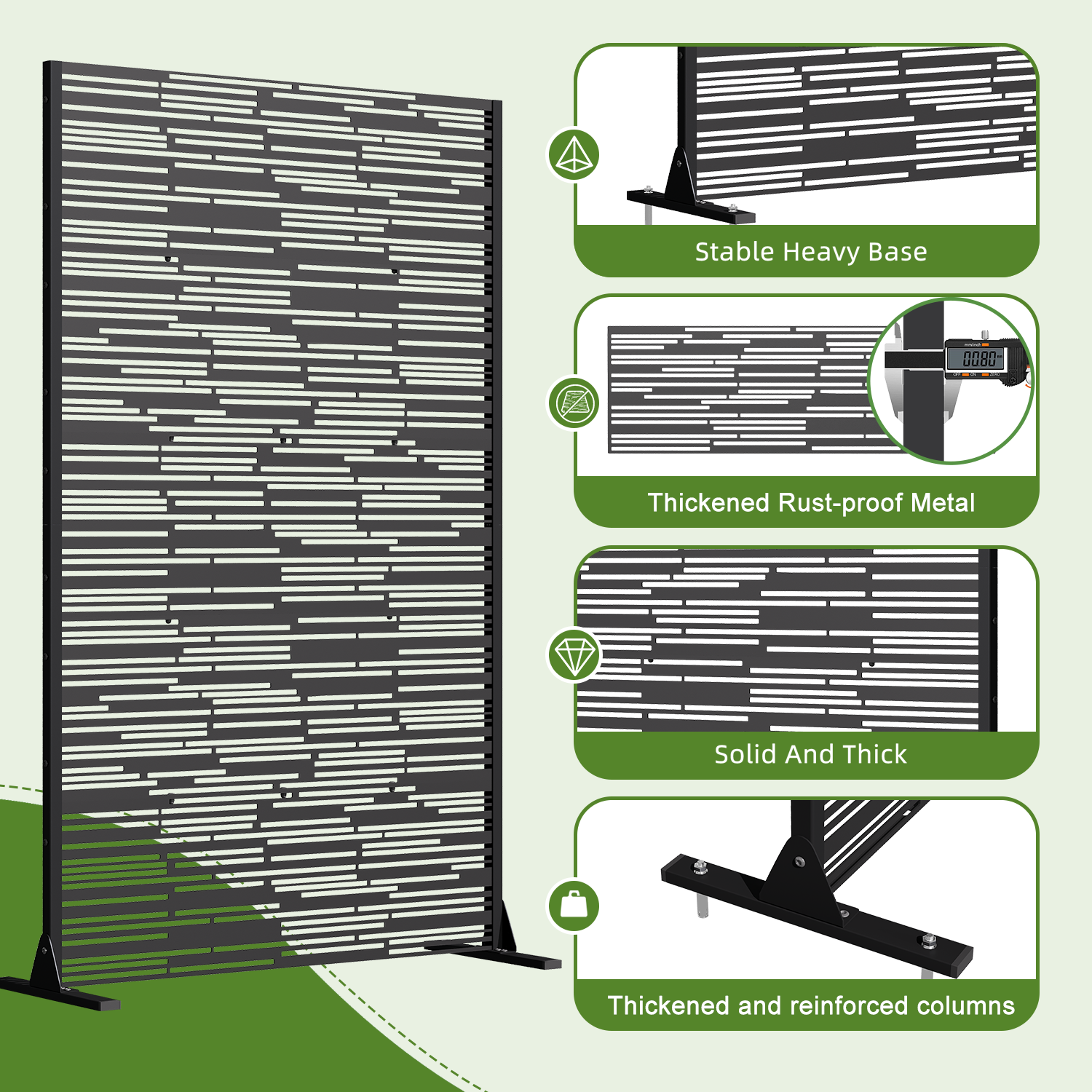 HOMREST 72" H Metal Privacy Screen, Freestanding Outdoor Privacy Screen with Upgraded Thickened Posts & Panels and Heavy Base, Black Linear(Consist of 5 Panels)