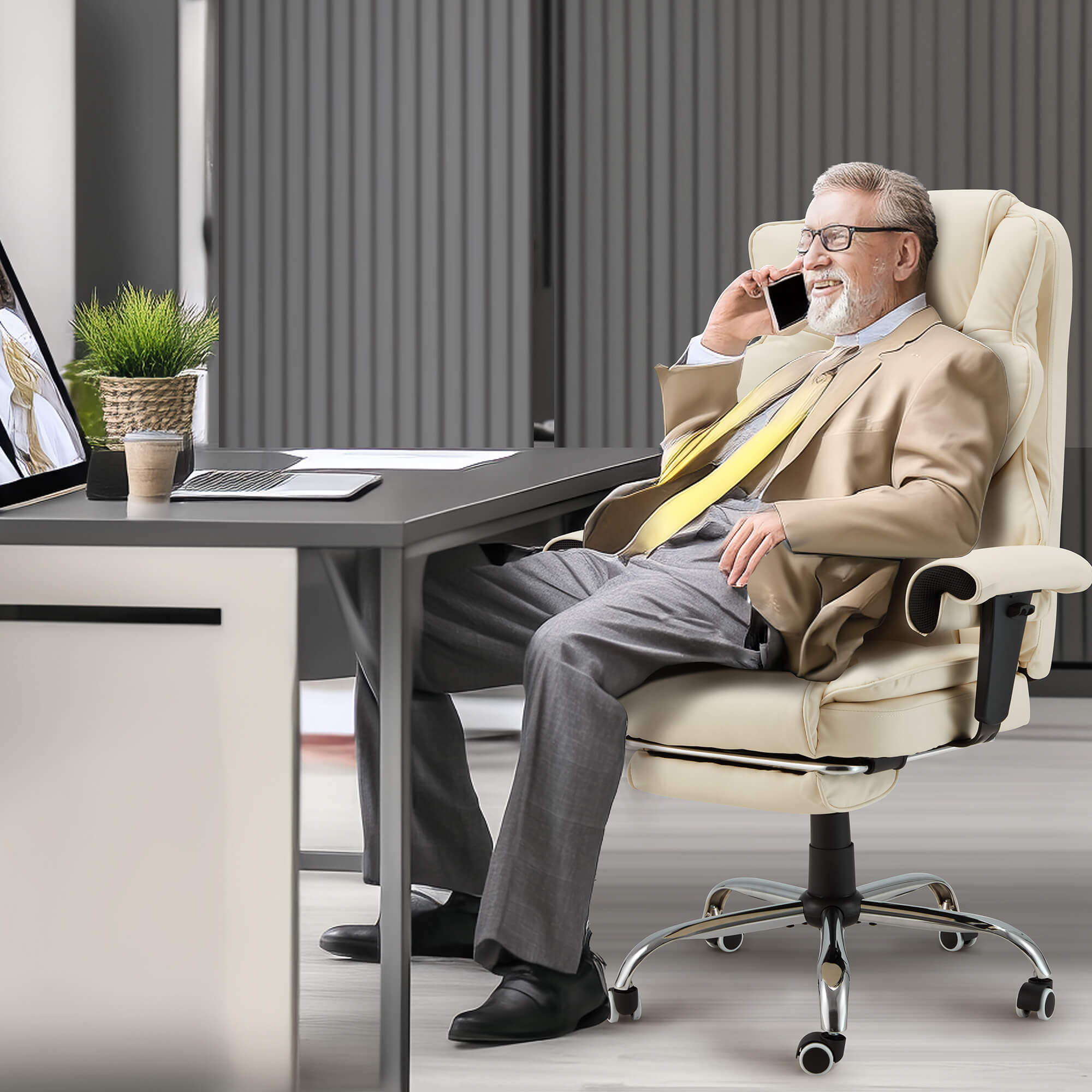 Homrest 6-Point Massage Heat Ergonomic Reclining Office Chair with Footrest Beige