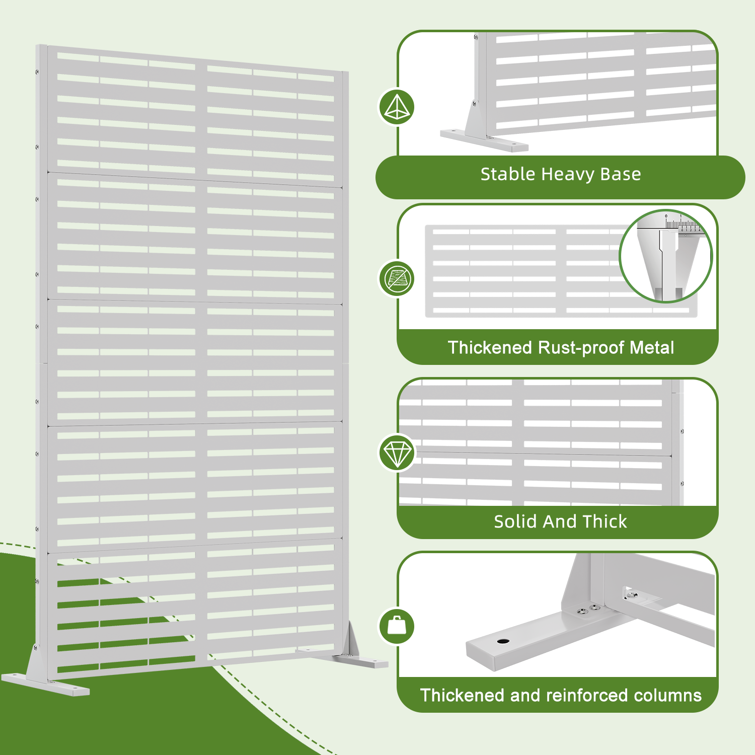 HOMREST 72''H×47'' Metal Privacy Screen, Freestanding Outdoor Privacy Screen with Upgraded Thickened Posts & Panels and Heavy Base, White Louvered(Consist of 5 Panels)