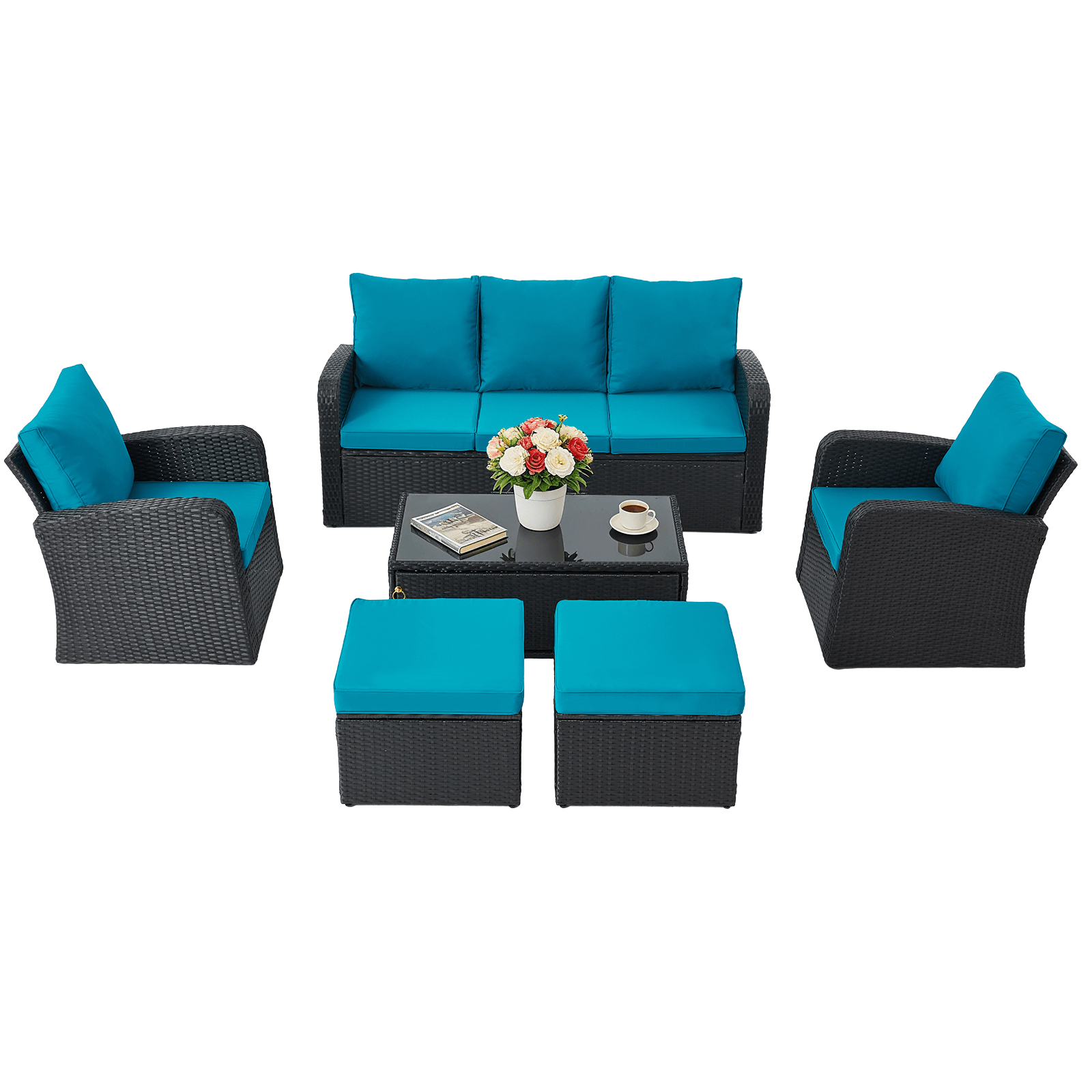Homrest 6 Pcs Patio Furniture Sets with Coffee Table, Ottomans, Cushions & Pillows, Peacock Blue