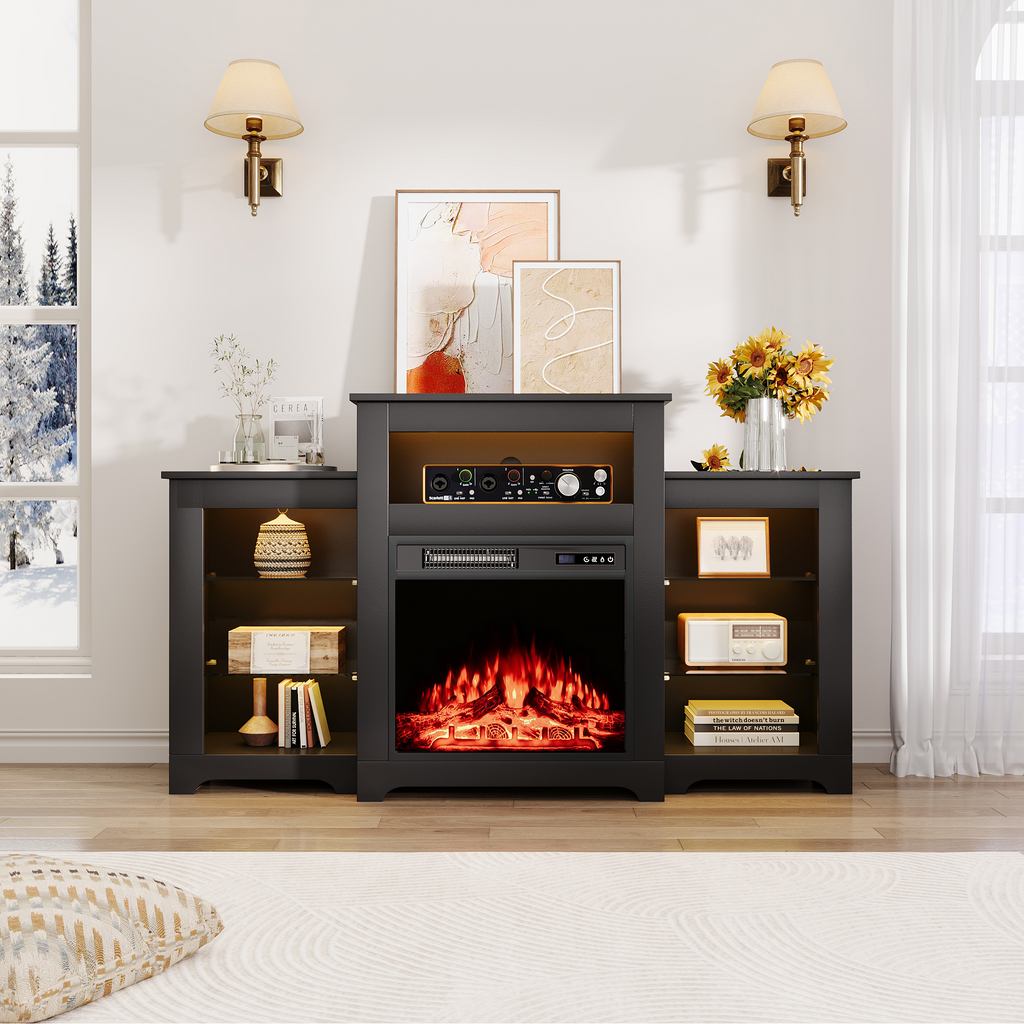 HOMREST 55" Electric Fireplace TV Stand with 16 Color Lights, Wooden Entertainment Center with Adjustable Shelves, Black