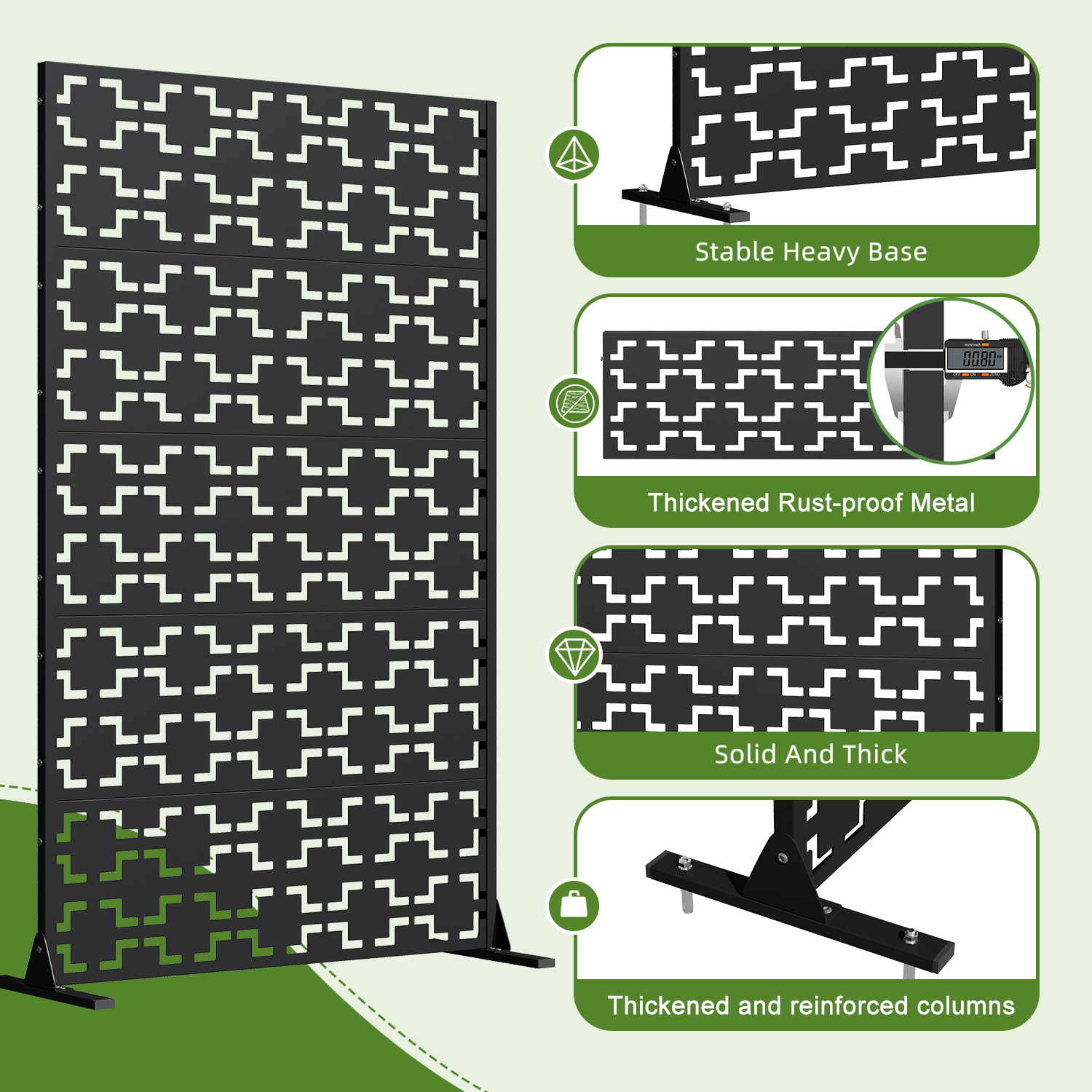 HOMREST 72" H Metal Privacy Screen, Free Standing Privacy Screen with Stable Heavy Base for Deck, Porch, Patio, Outdoor and Balcony, Black Square (Consist of 5 Panels)