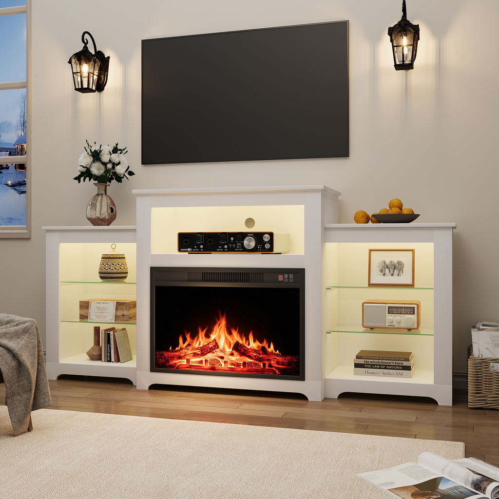 HOMREST Modern 70" Electric Fireplace TV Stand with 16 Color Light Strip, White