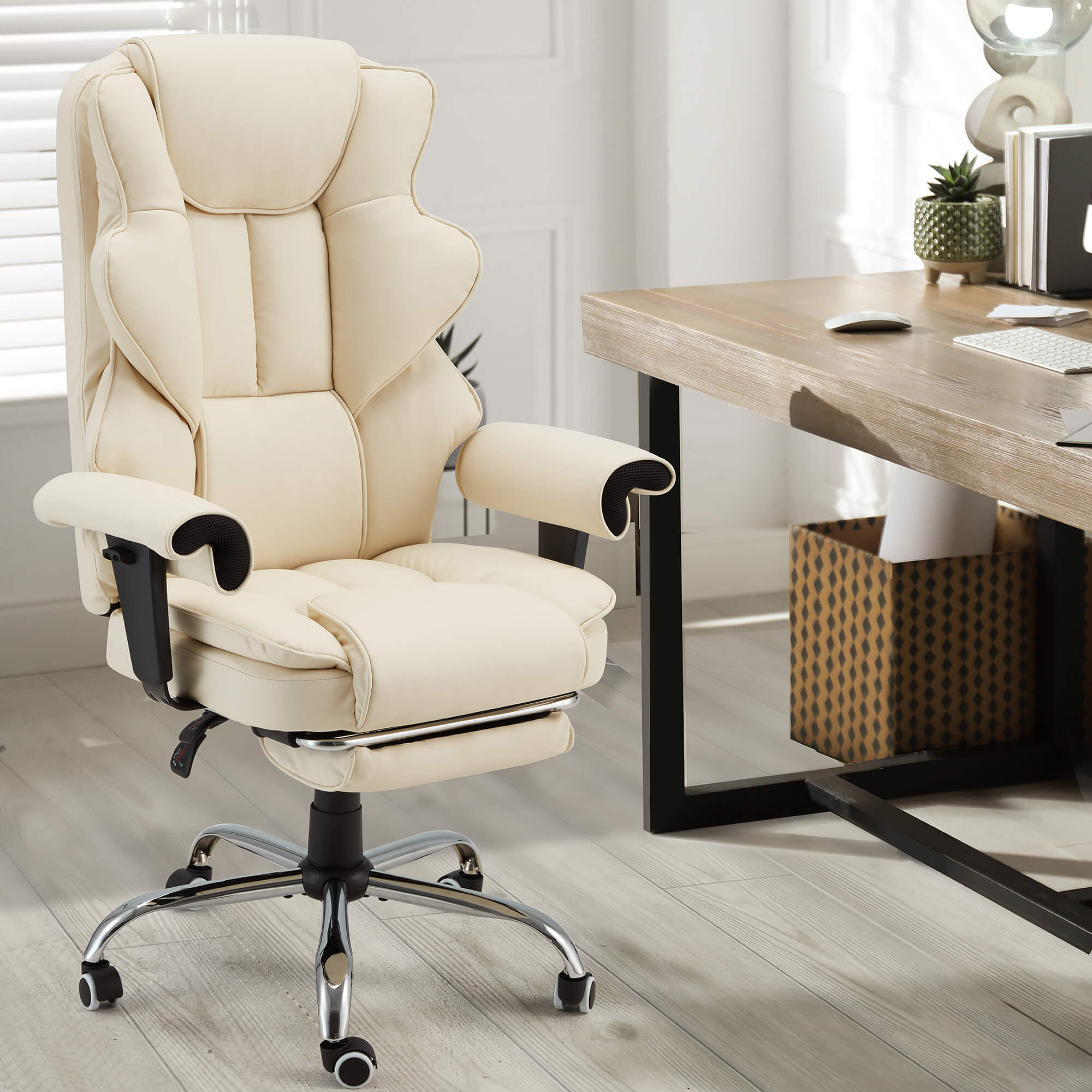 Homrest 6-Point Massage Heat Ergonomic Reclining Office Chair with Footrest Beige