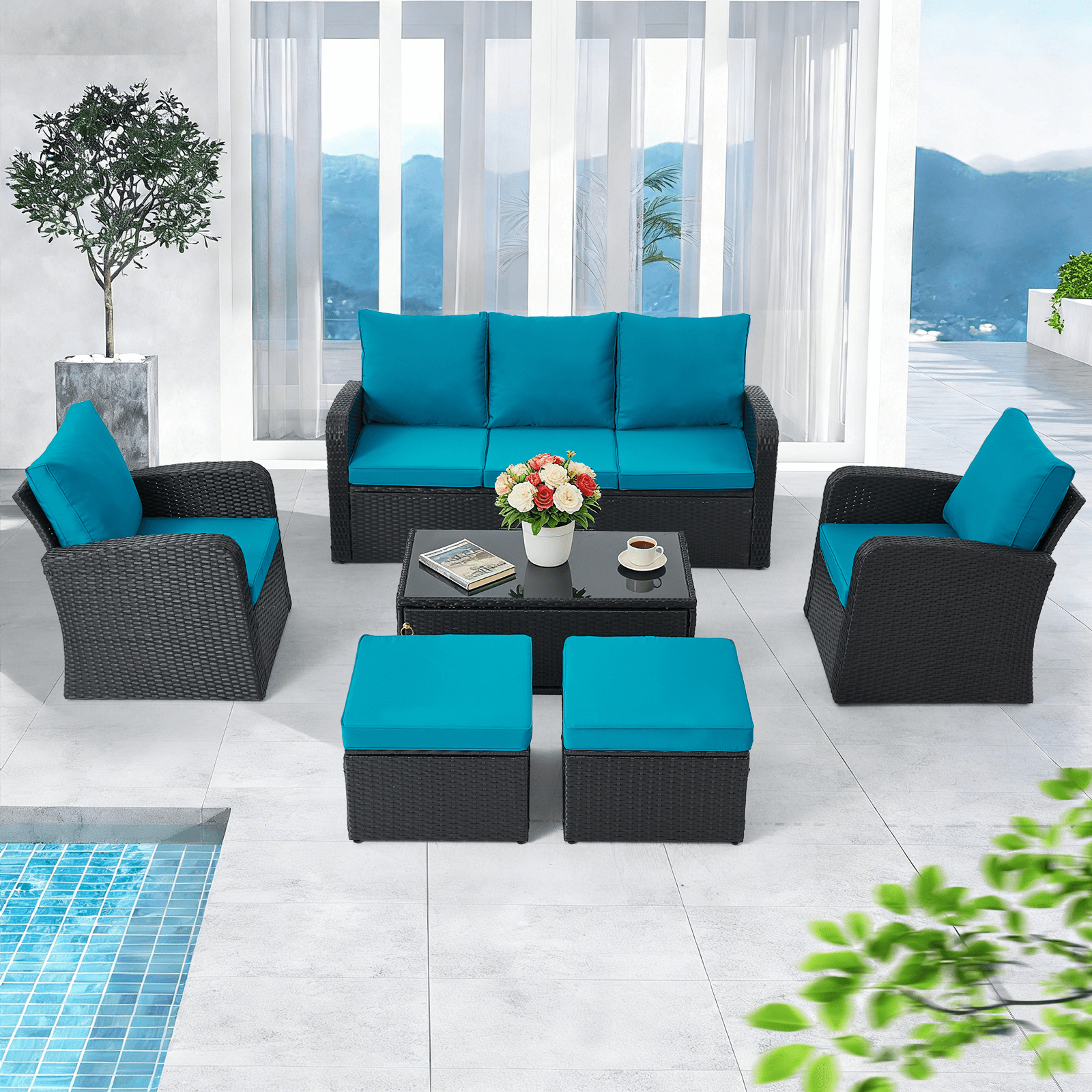 Homrest 6 Pcs Patio Furniture Sets with Coffee Table, Ottomans, Cushions & Pillows, Peacock Blue