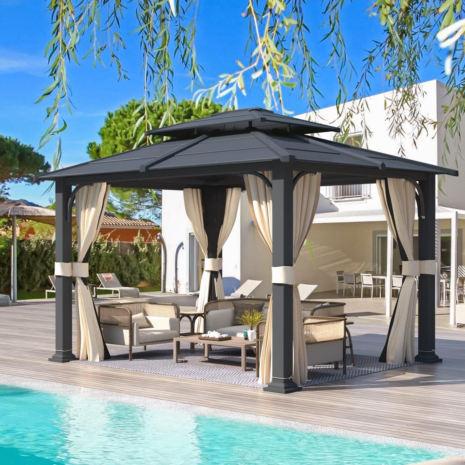 Homrest 10' x 12' Hardtop Gazebo Outdoor Double Iron Roof with Curtains and Netting
