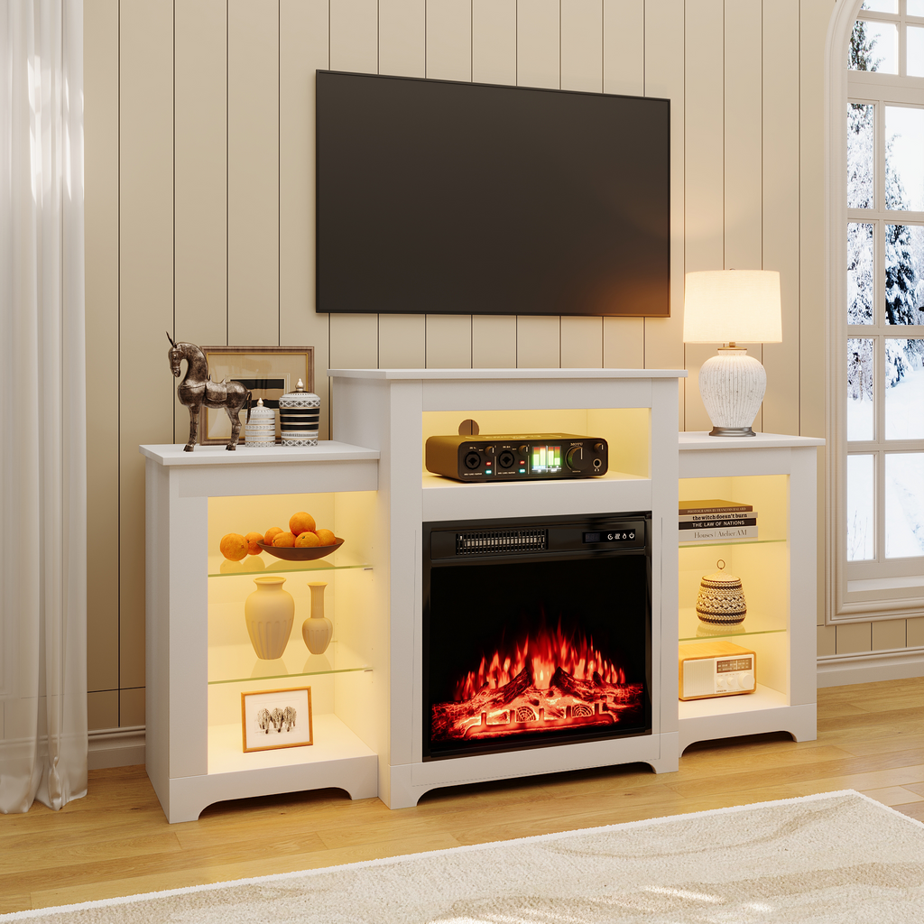 HOMREST 55" Electric Fireplace TV Stand with 16 Color Lights, Wooden Entertainment Center with Adjustable Shelves, White