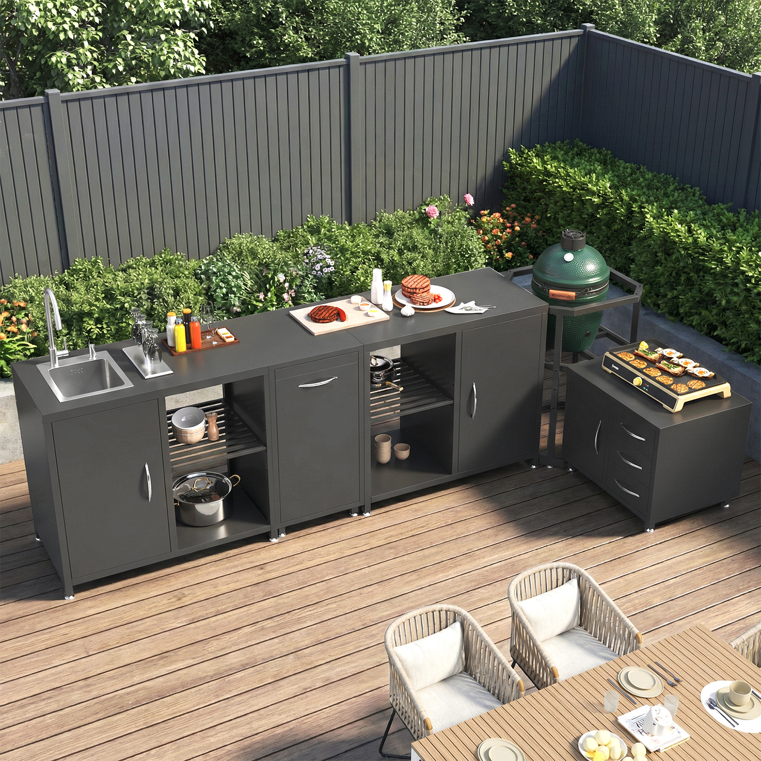 HOMREST 5-Piece Modular Outdoor Kitchen Island with Sink, Large Storage Cabinet & Shelf, Pull-Out Trash Drawer and Grill Stand, Outdoor Storage Kitchen Set for BBQ, Deck, Backyard, Black