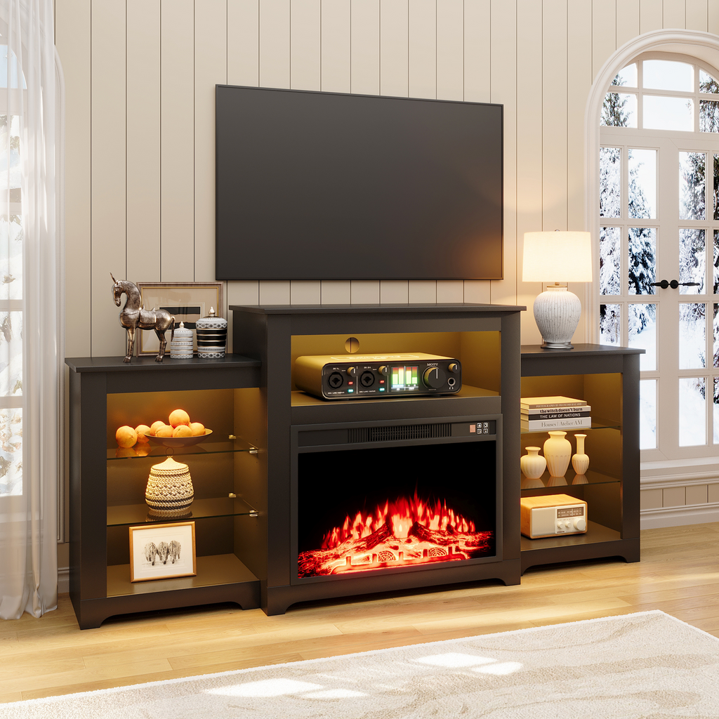 HOMREST Modern 70" Electric Fireplace TV Stand with 16 Color Light Strip, Black